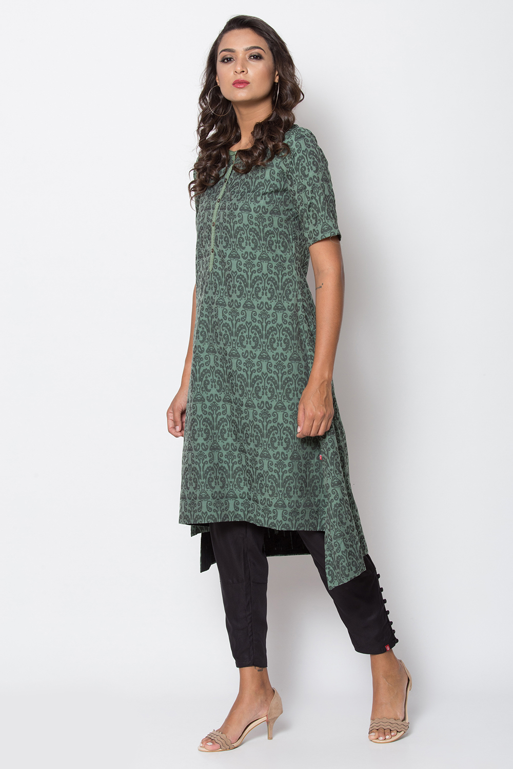 Green Cotton A-Line Yarndyed Kurta image number 3