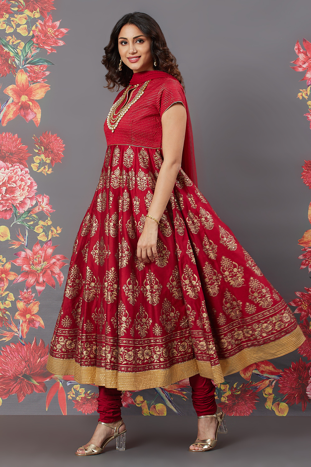 Rohit Bal Red Chanderi Silk Anarkali Solid Suit Set image number 4