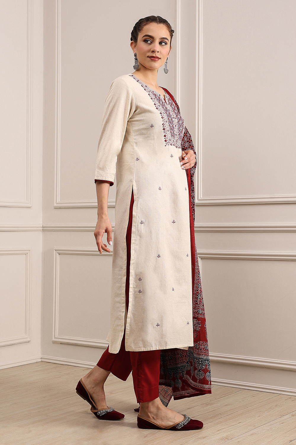 Beige Cotton Machine Embroidered Unstitched Suit Set image number 6