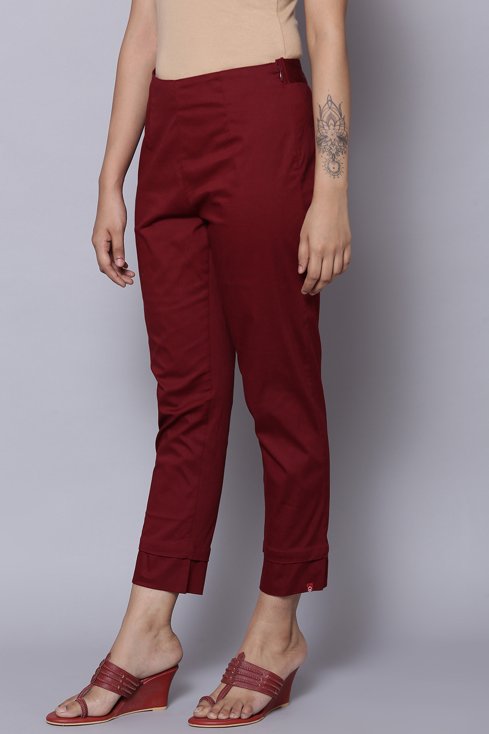 Maroon Cotton Lycra Pants image number 2