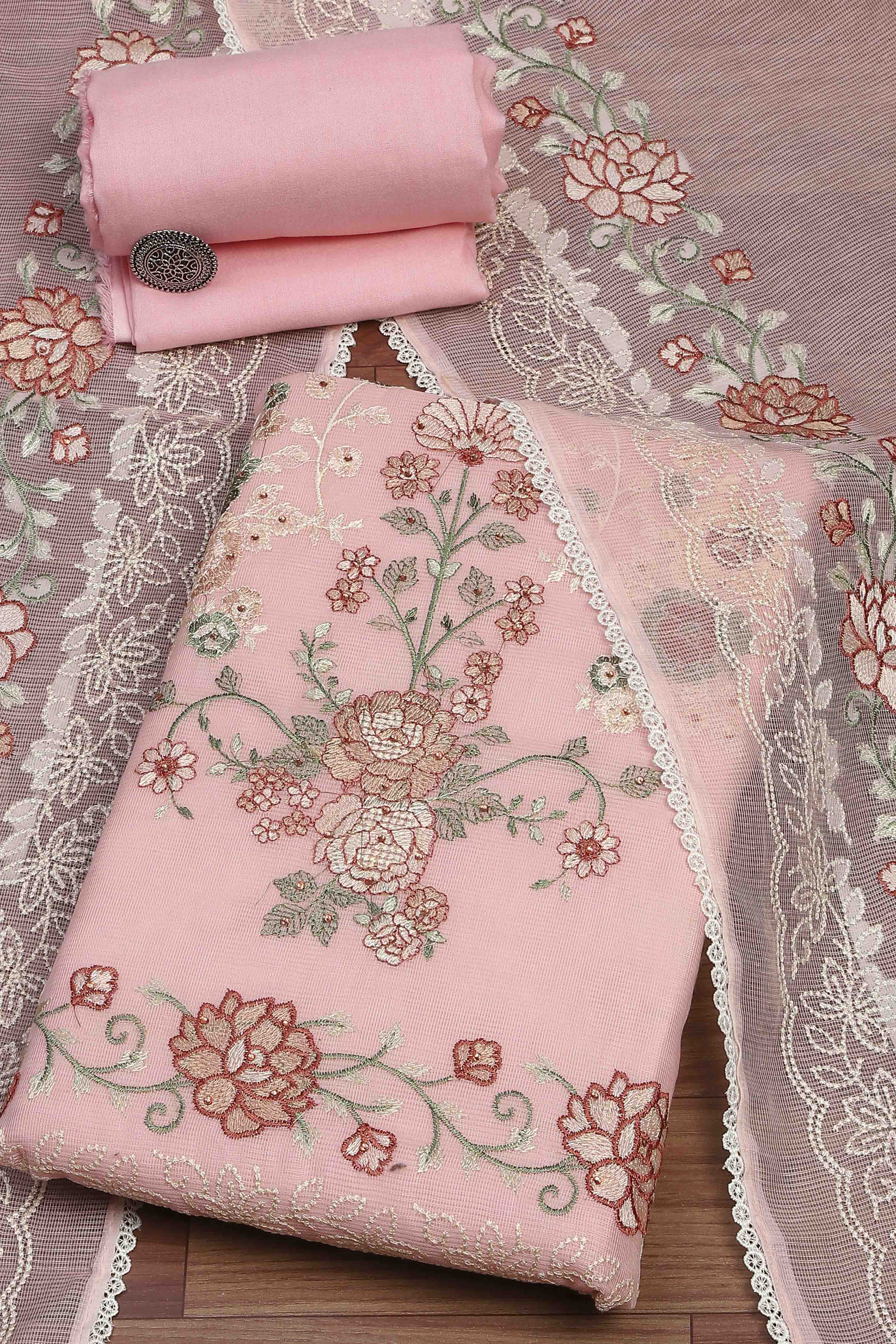 Pink Supernet Unstitched Suit Set image number 0