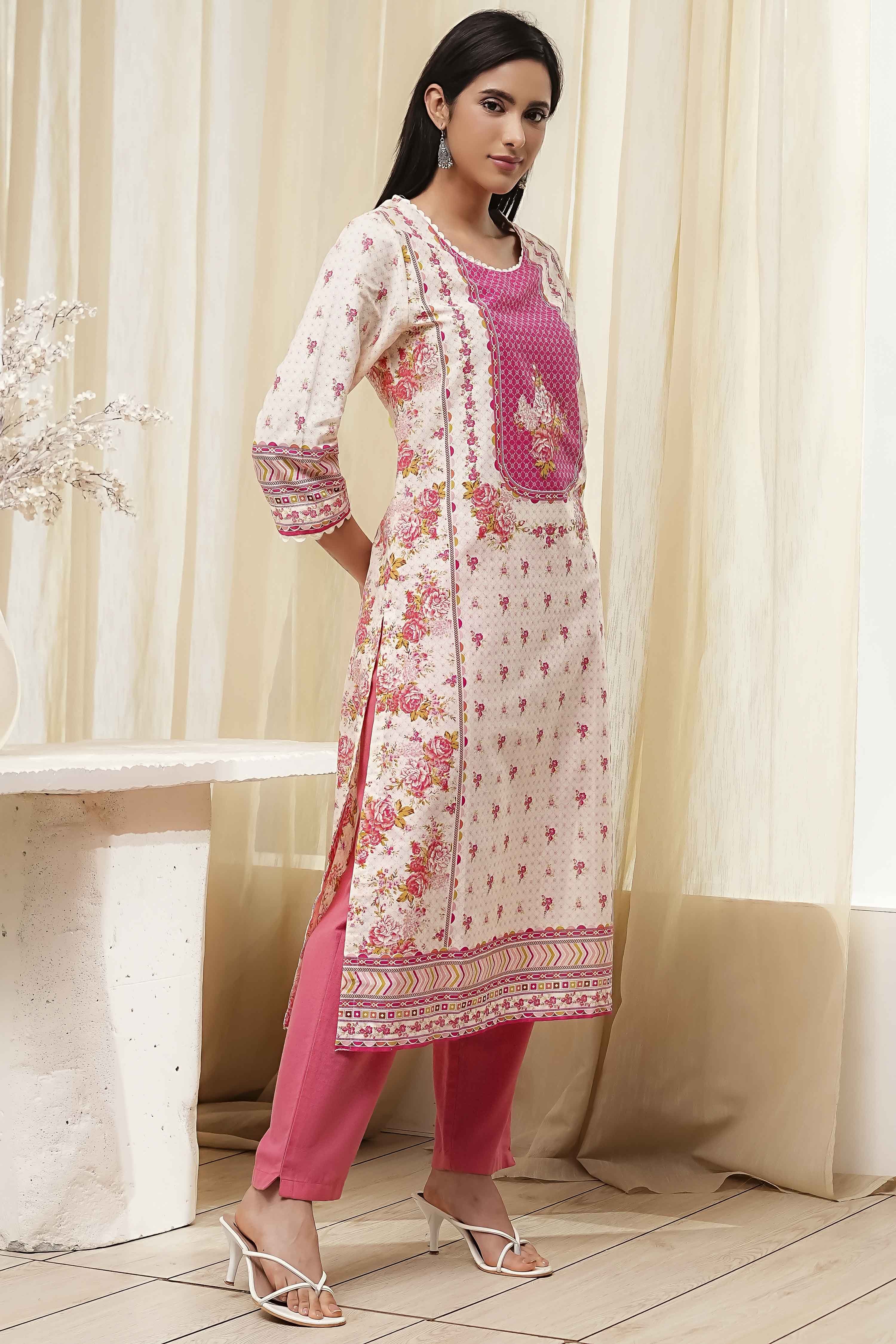Pink Cotton Printed Straight Kurta image number 4