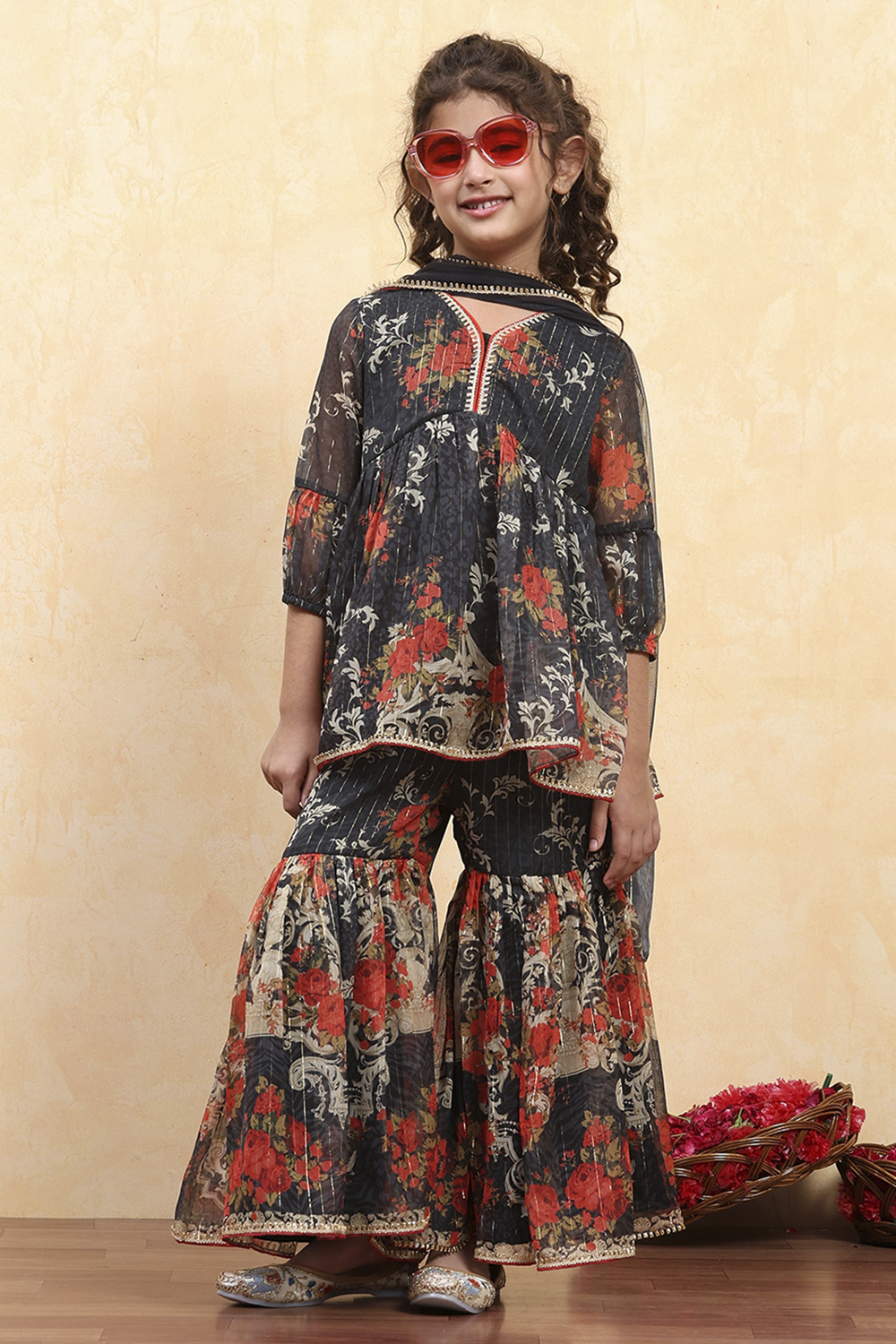 Black Polyester Floral Printed Peplum Sharara Kurta Set image number 7