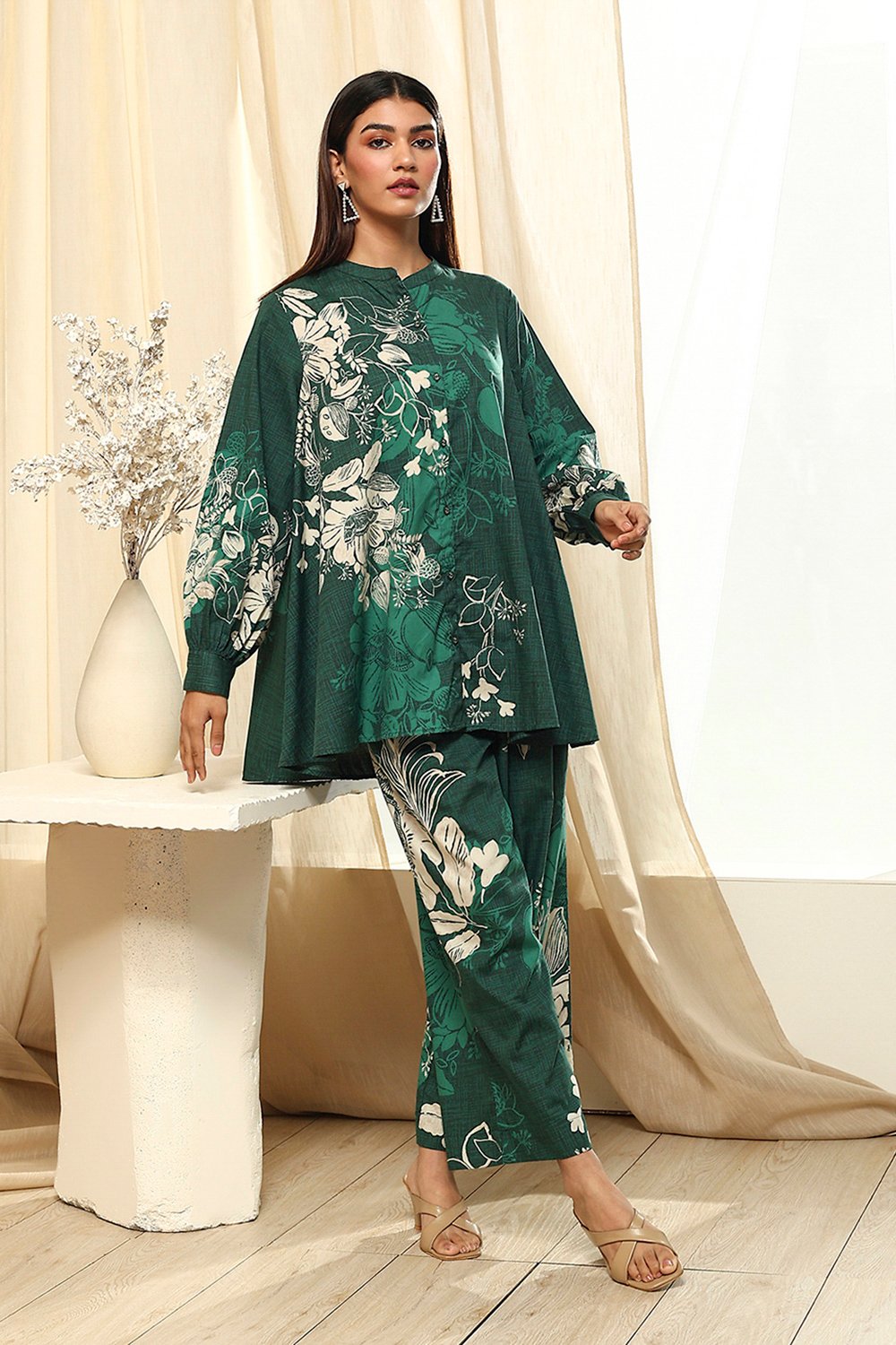Green Cotton Floral Printed Co-ord Set image number 0