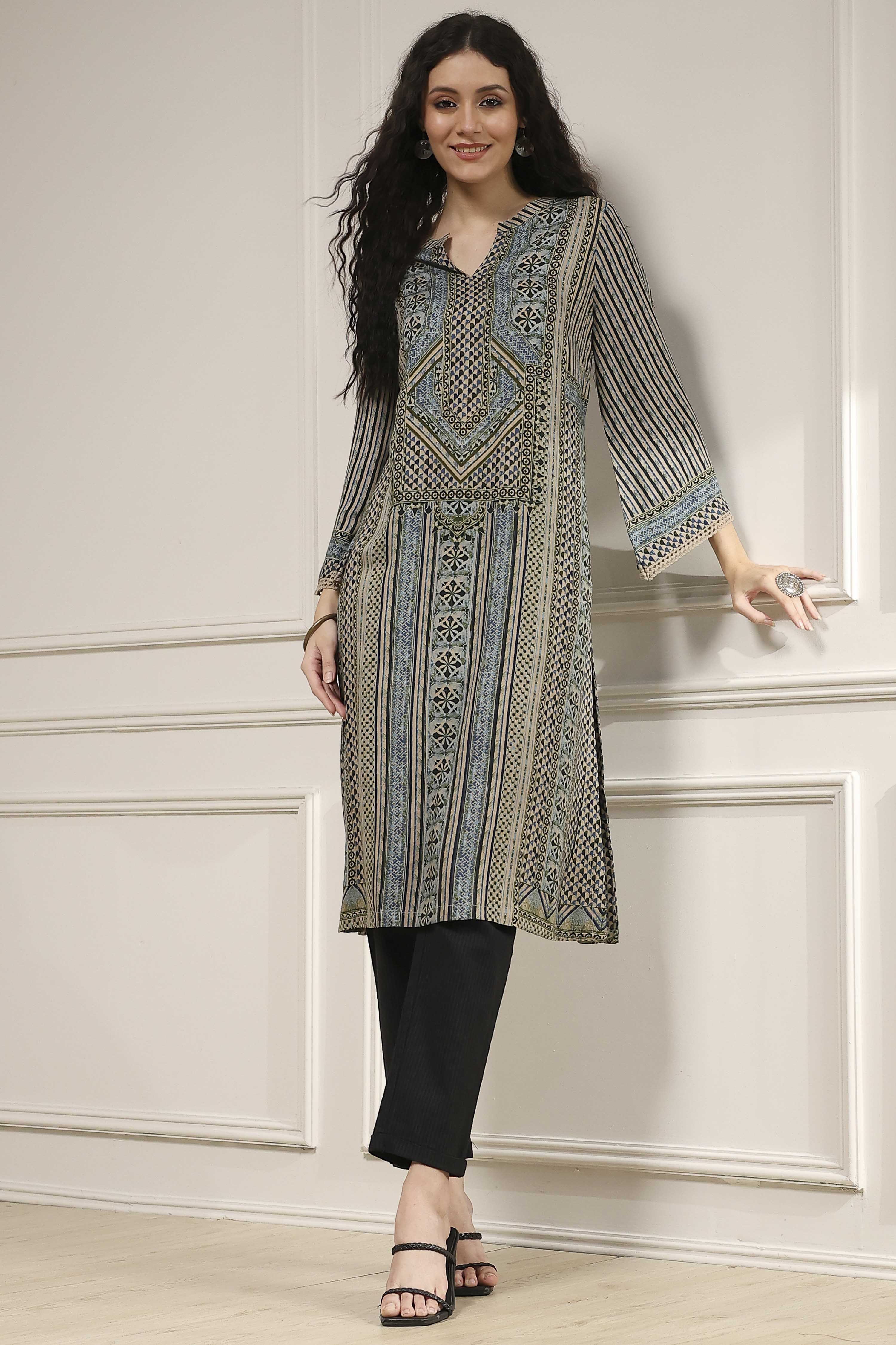 Blue Printed Straight Kurta image number 0