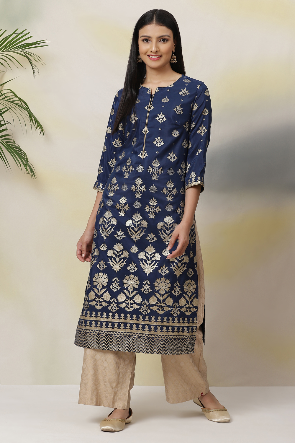 Navy Art Silk Straight Printed Kurta image number 2