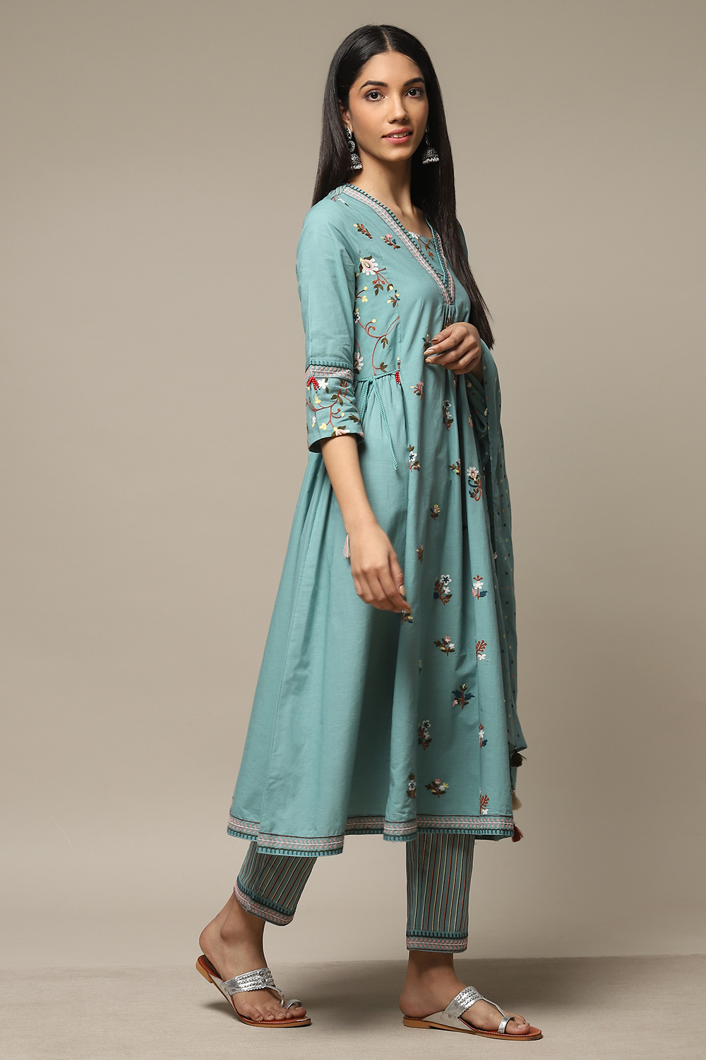 Buy Sap Green Cotton Gathered Kurta Pant Suit Set for INR4797.00 |Biba ...