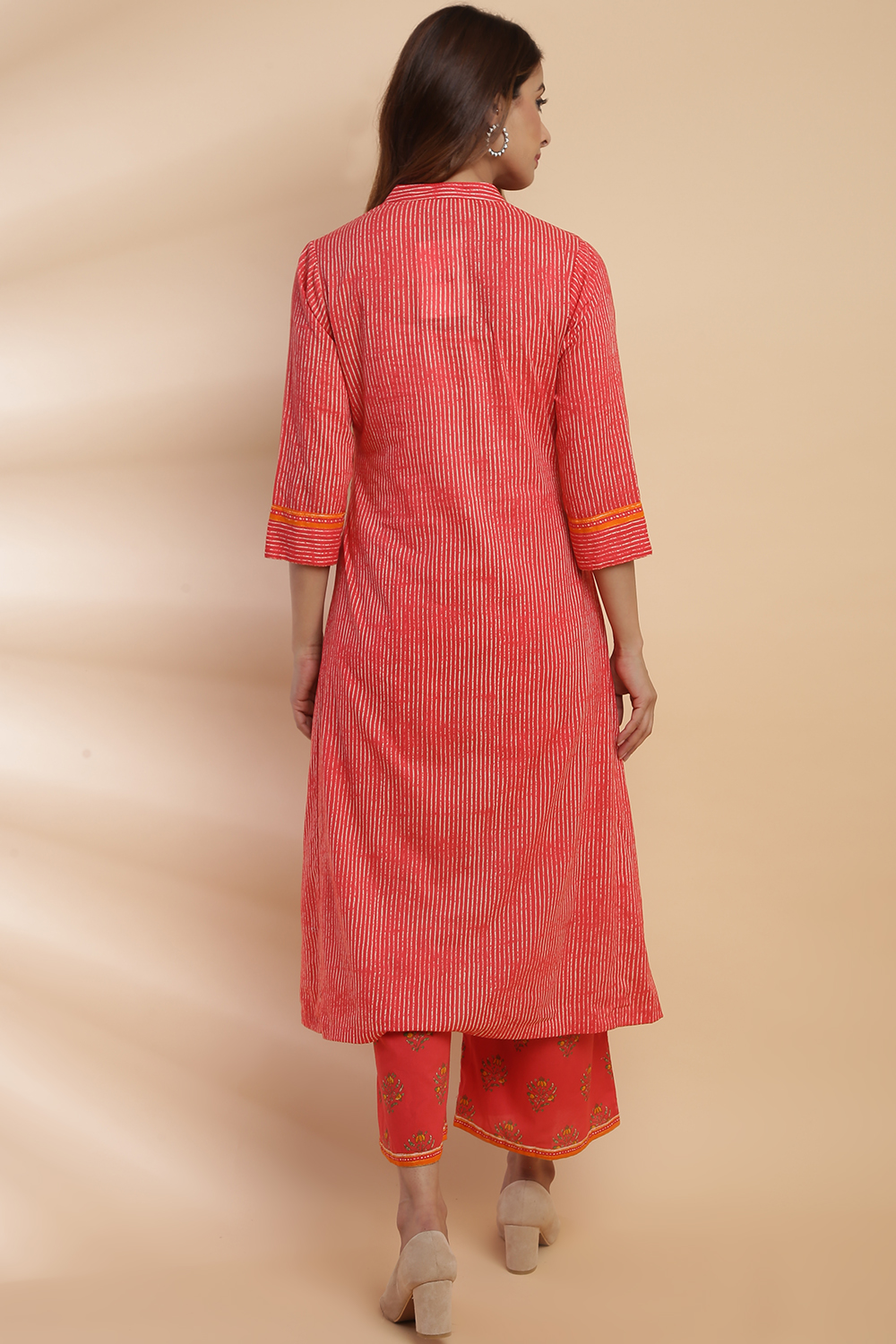 Coral Cotton A-Line Kurta Palazzo Suit Set image number 6