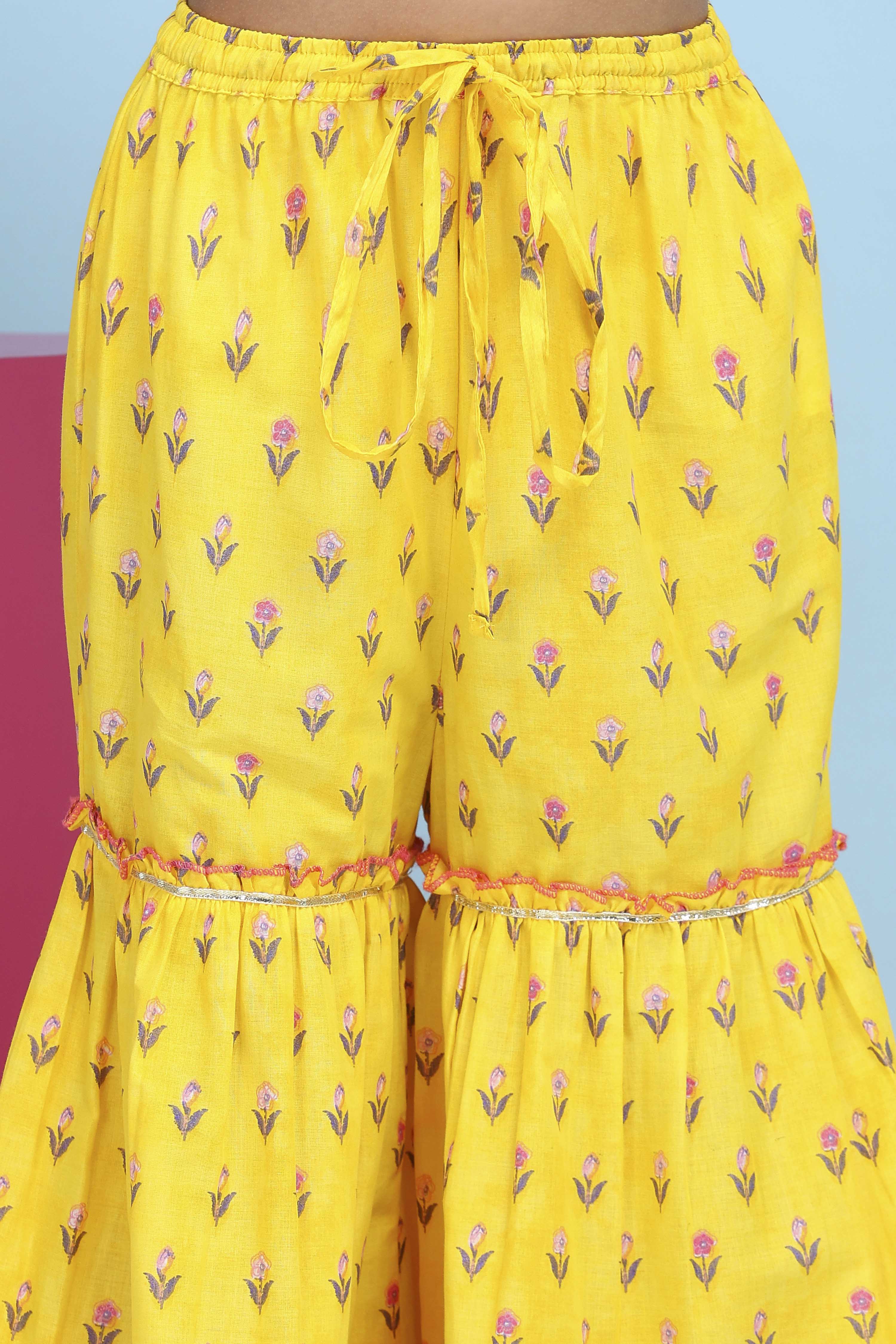 Yellow Cotton Printed Peplum Suit Set image number 2