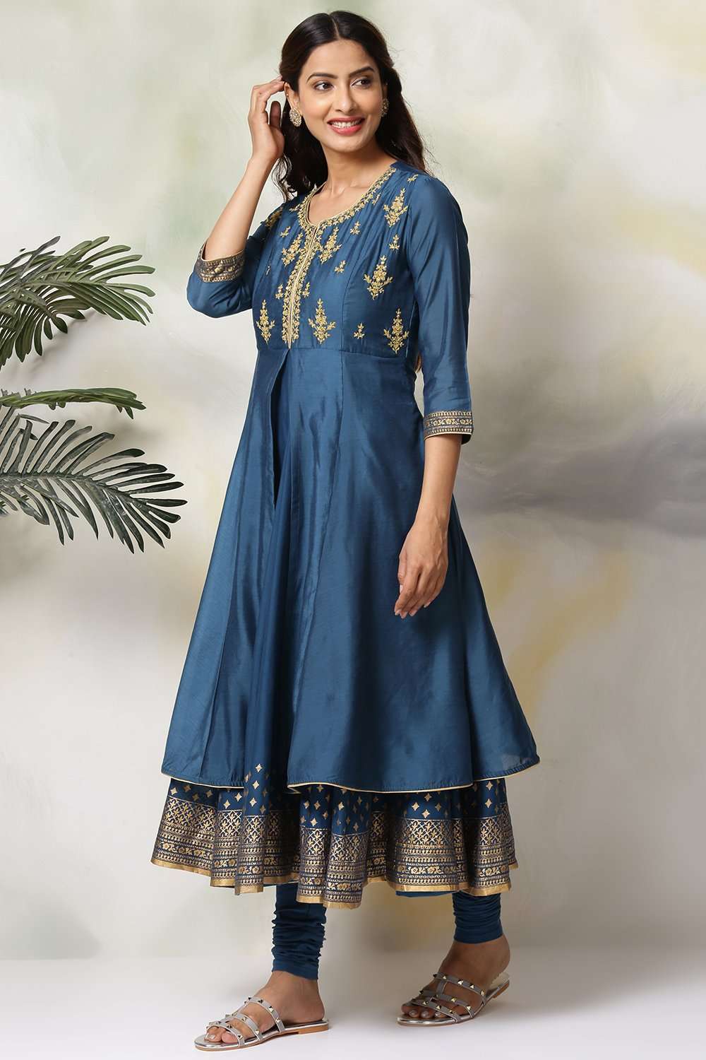 Blue Art Silk Anarkali Kurta Churidar Set image number 3