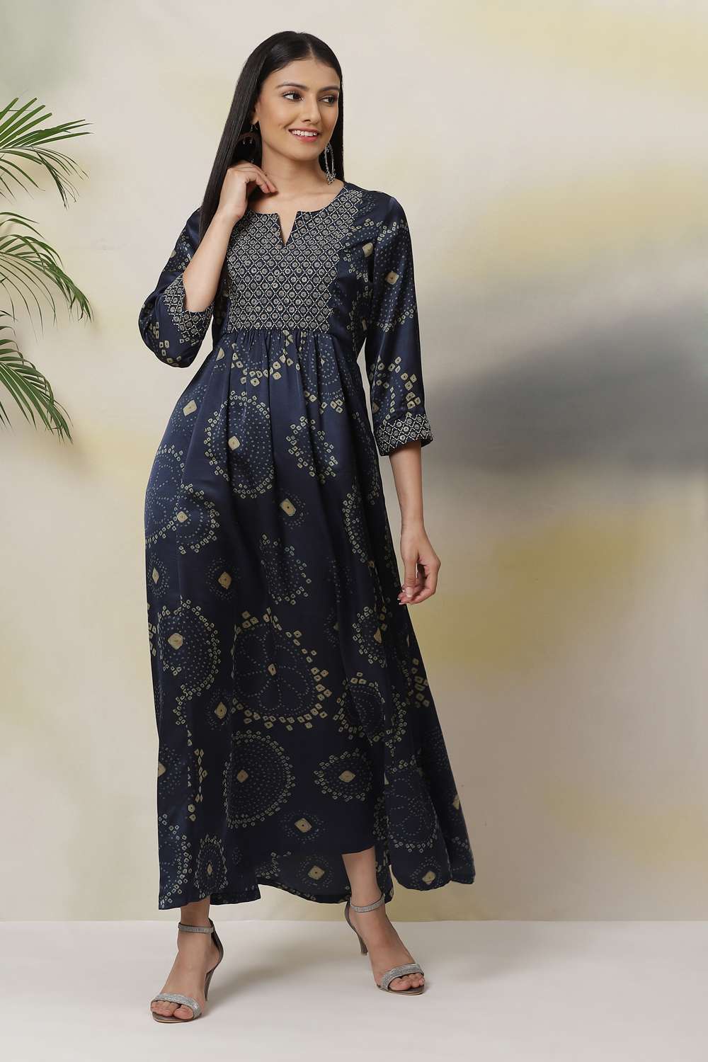 Navy Flared Modal Printed Dress image number 2