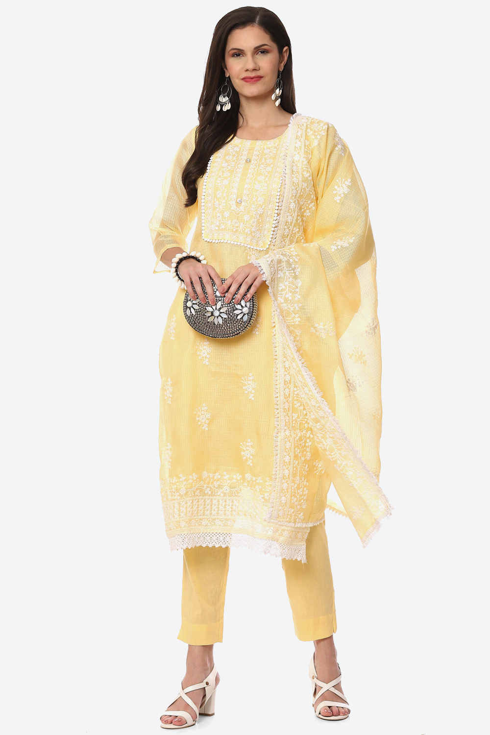 Pastel Yellow Cotton Blend Unstitched Suit Set image number 7