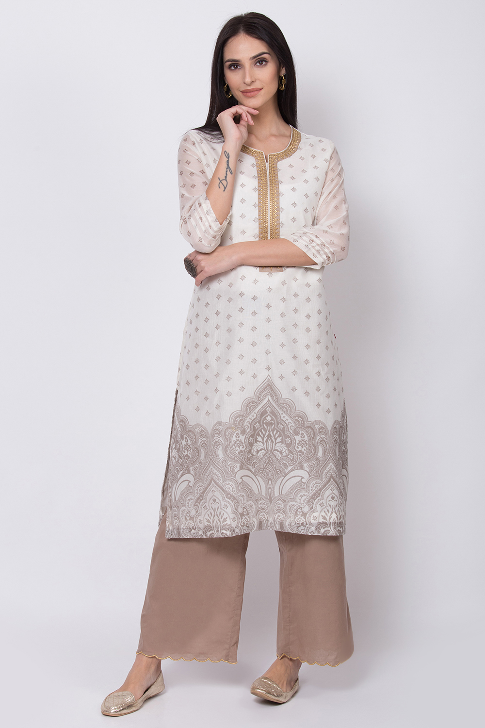 Off White Poly Cotton Straight Kurta Palazzo Suit Set image number 2