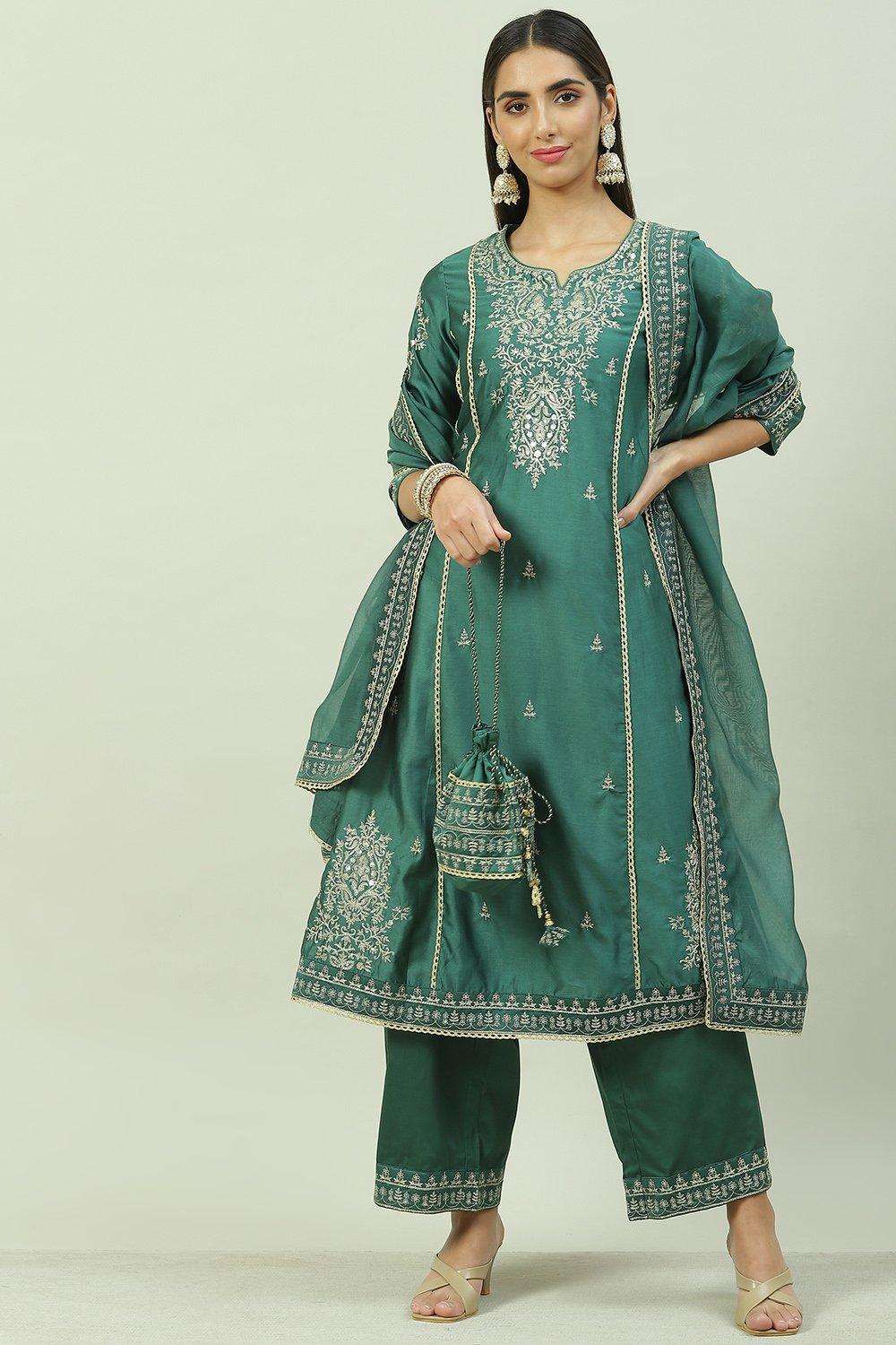 Dark Green Cotton Blend A Line Kurta Palazzo Suit Set at Biba India