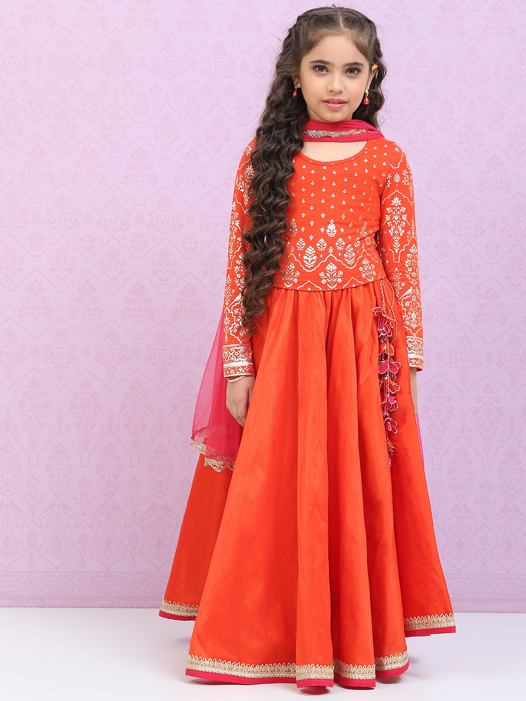 Orange Viscose Blend Lehenga Set image number 0