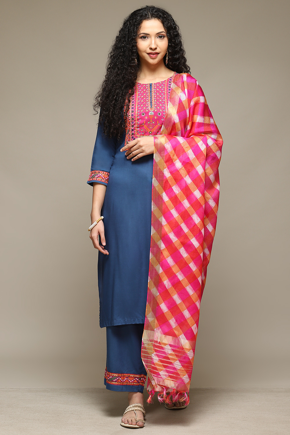 Off White & Blue Rayon Straight Kurta Palazzo Suit Set image number 7