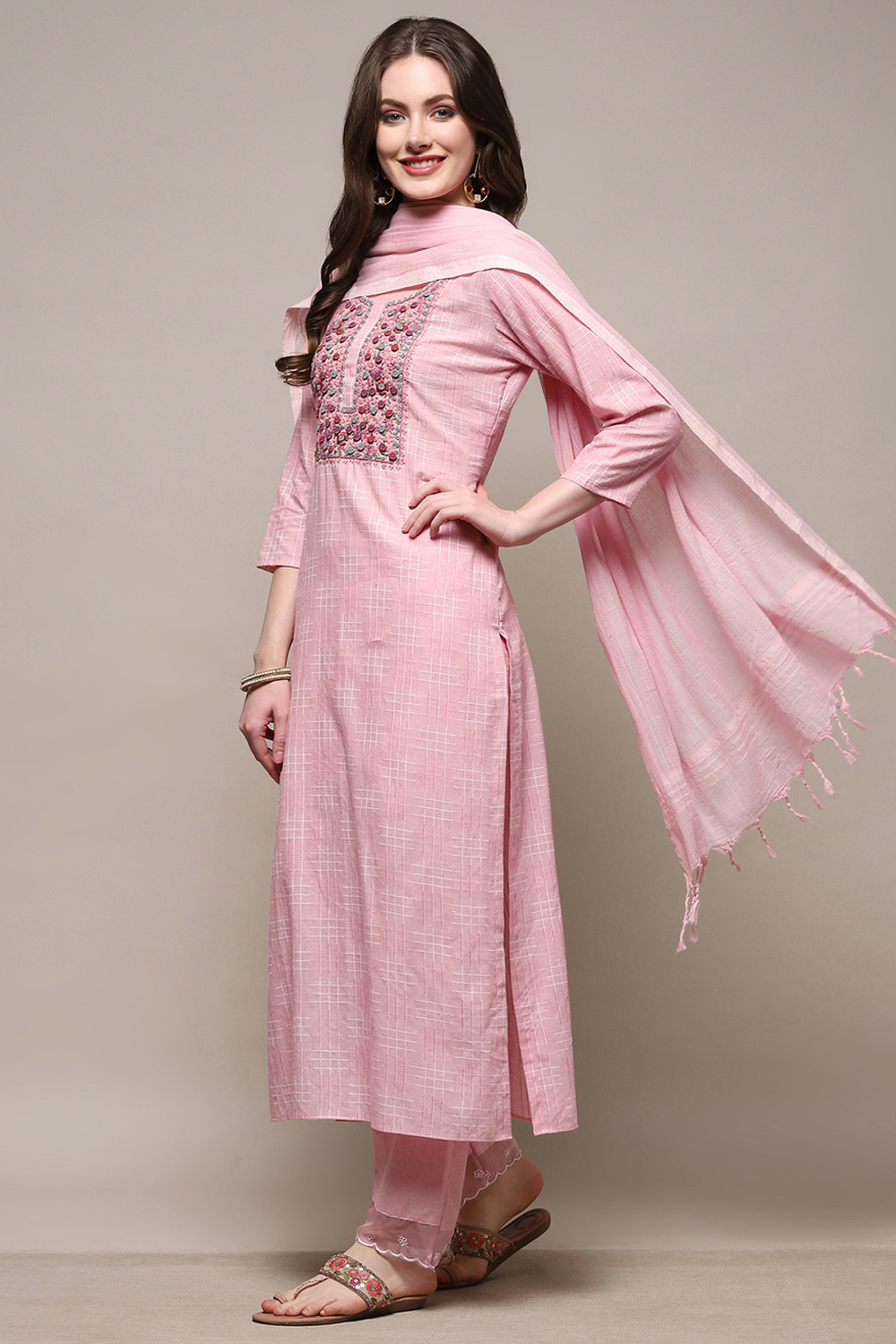 Pink Cotton Embroidered Unstitched Suit set image number 5