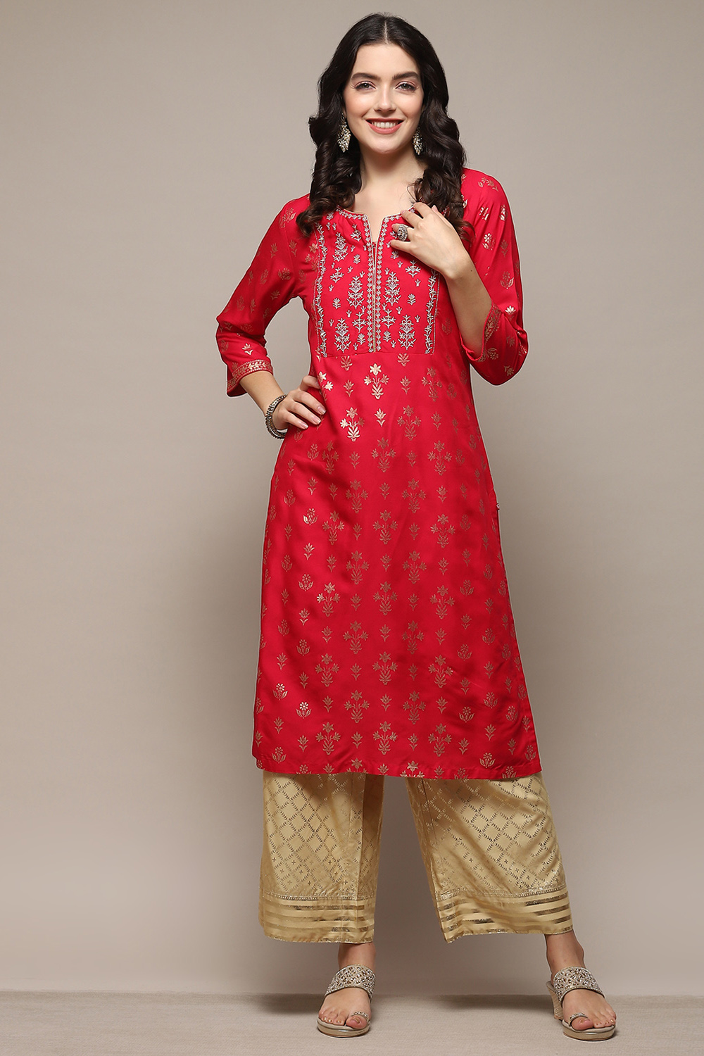 Navy Blue Rayon flax Straight Kurta Palazzo Suit Set image number 6