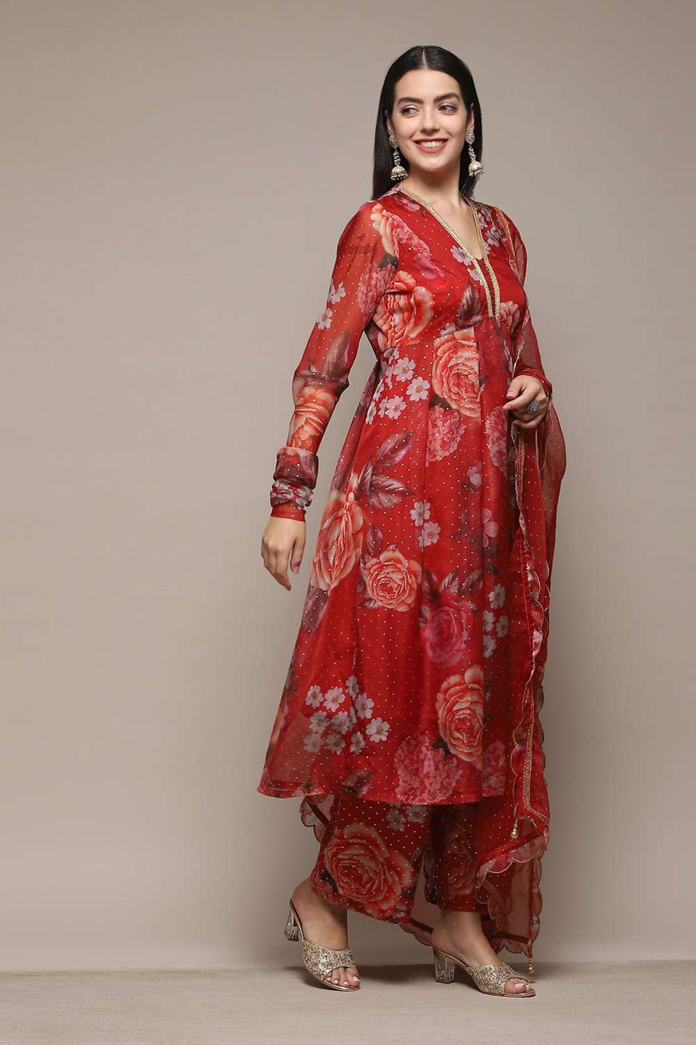 Red Polyester Anarkali Kurta Palazzo Suit Set image number 6