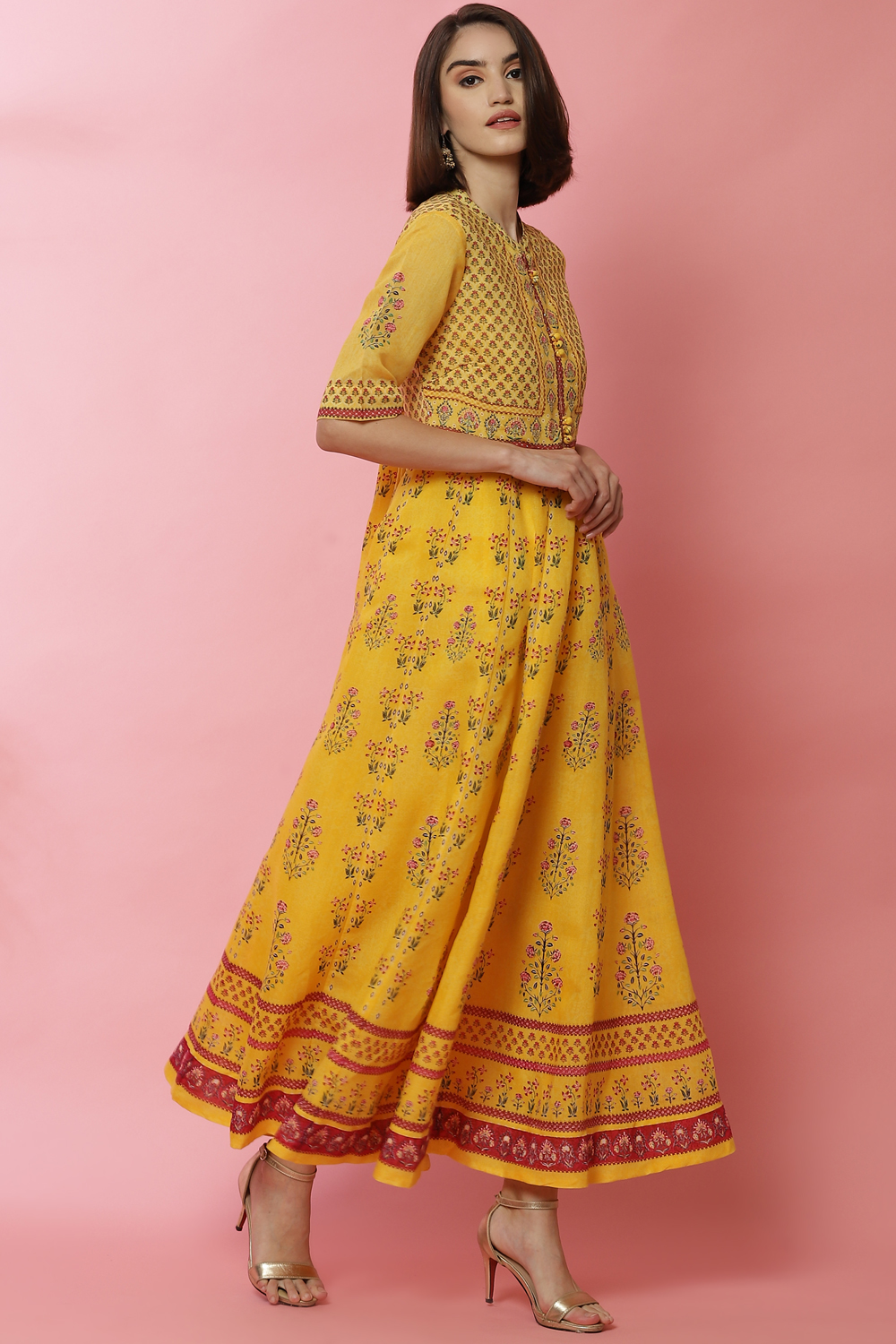 Yellow Art Silk Anarkali Printed Kurta Dress image number 2