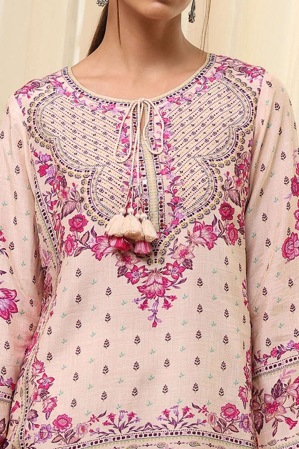 Off-White-Pink Modal Blend Straight Printed Short Kurta image number 1