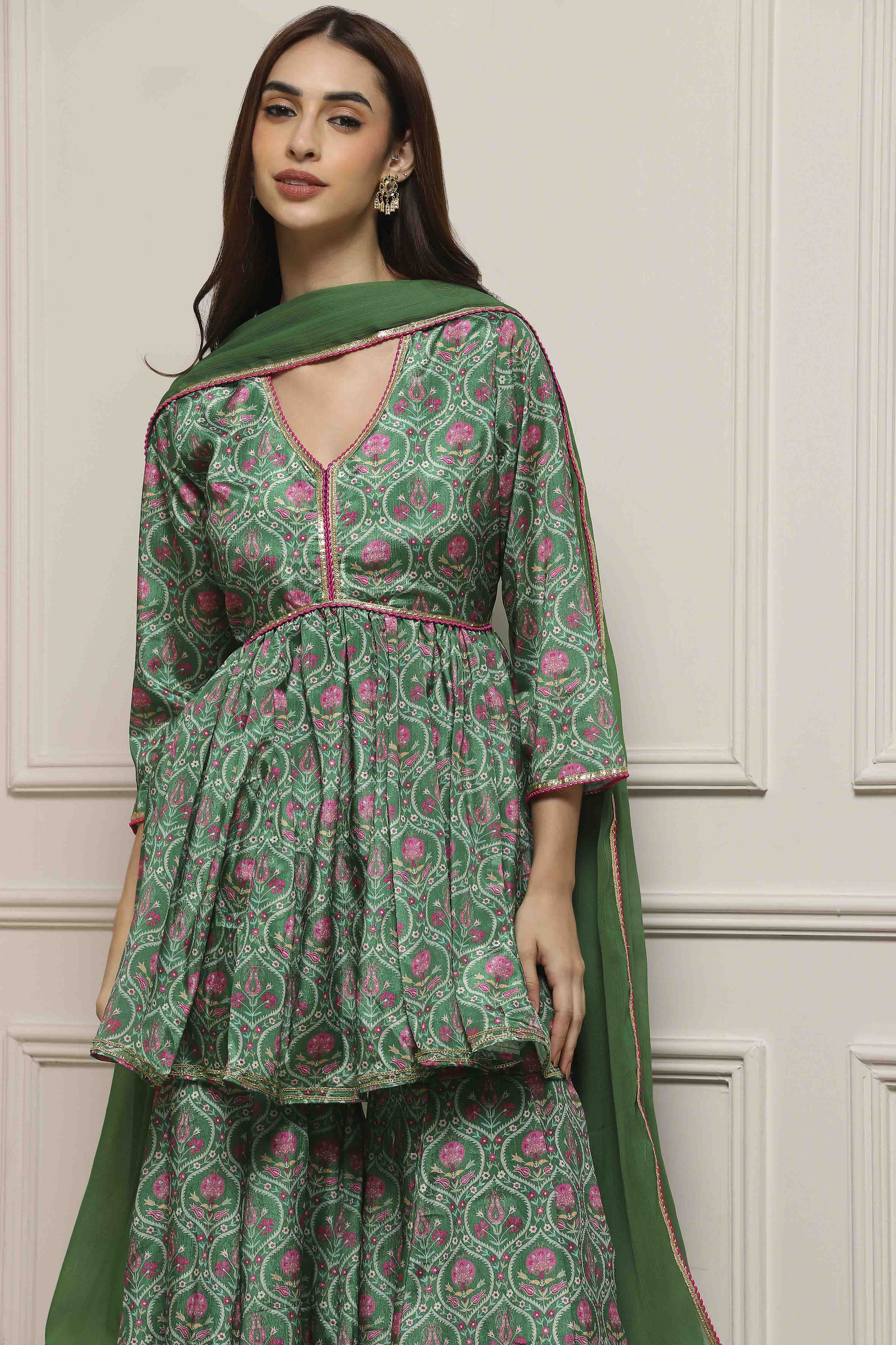 Green Art Silk Gathered Garara Set image number 8