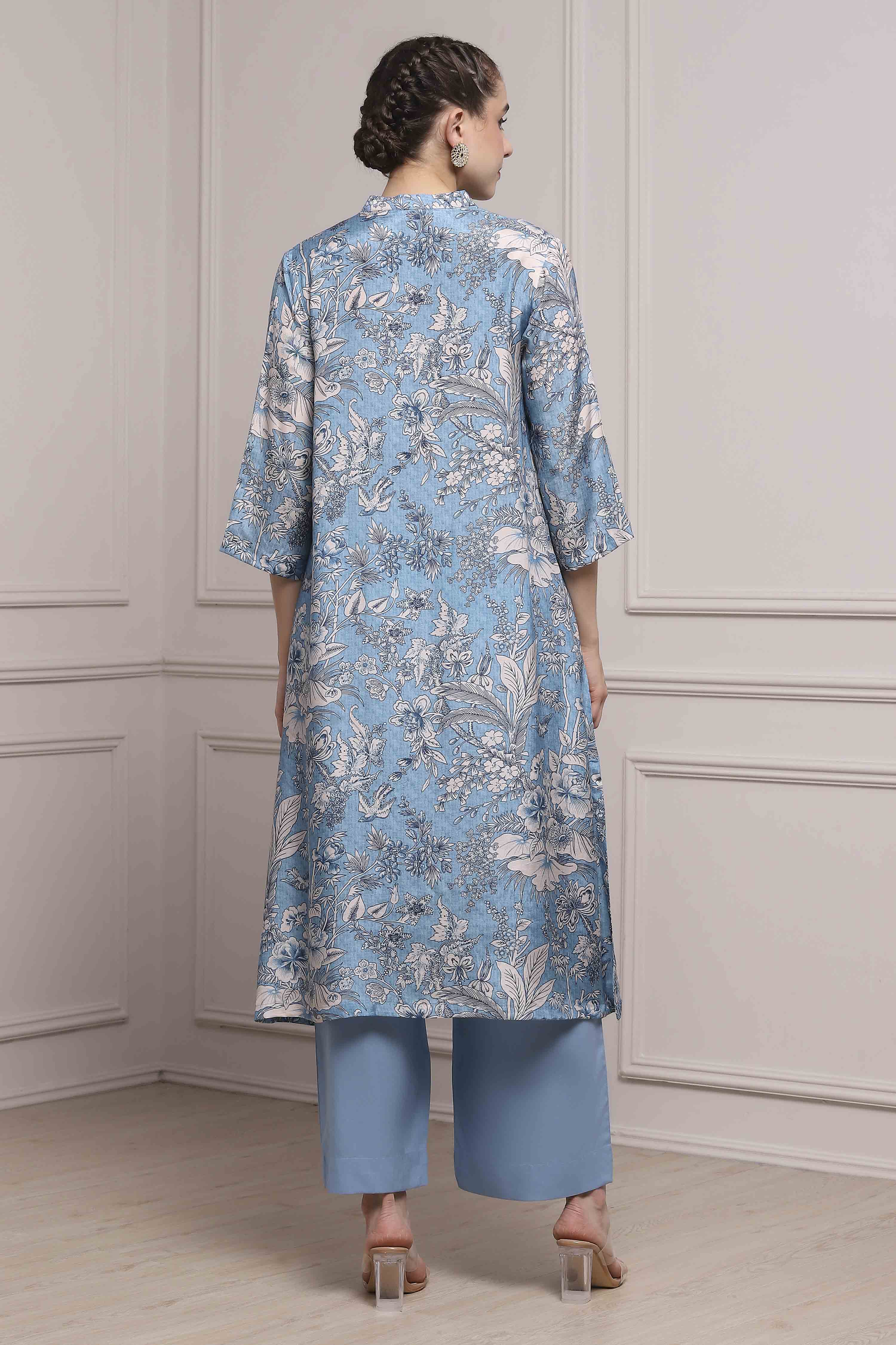Blue Floral Printed Asymmetric Suit Set image number 4