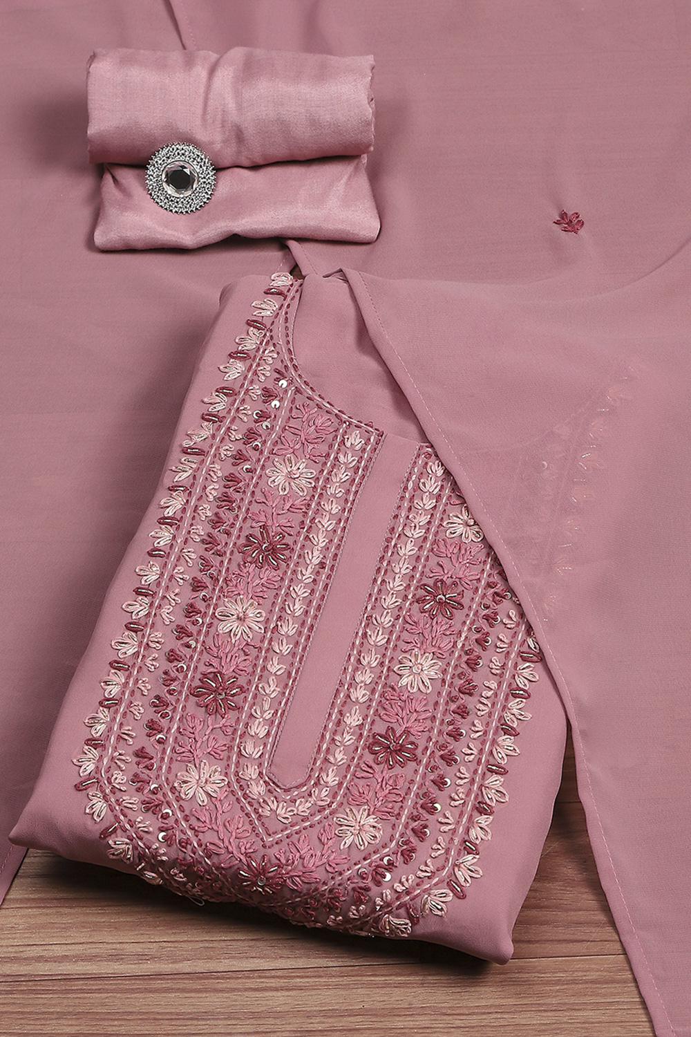 Pink Georgette Hand Embroidered Unstitched Suit Set image number 0