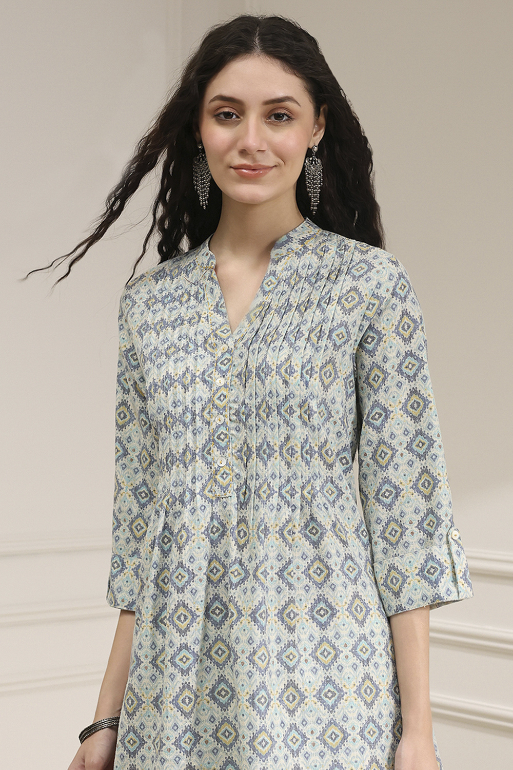 Blue Cotton Printed A-Line Kurta image number 1
