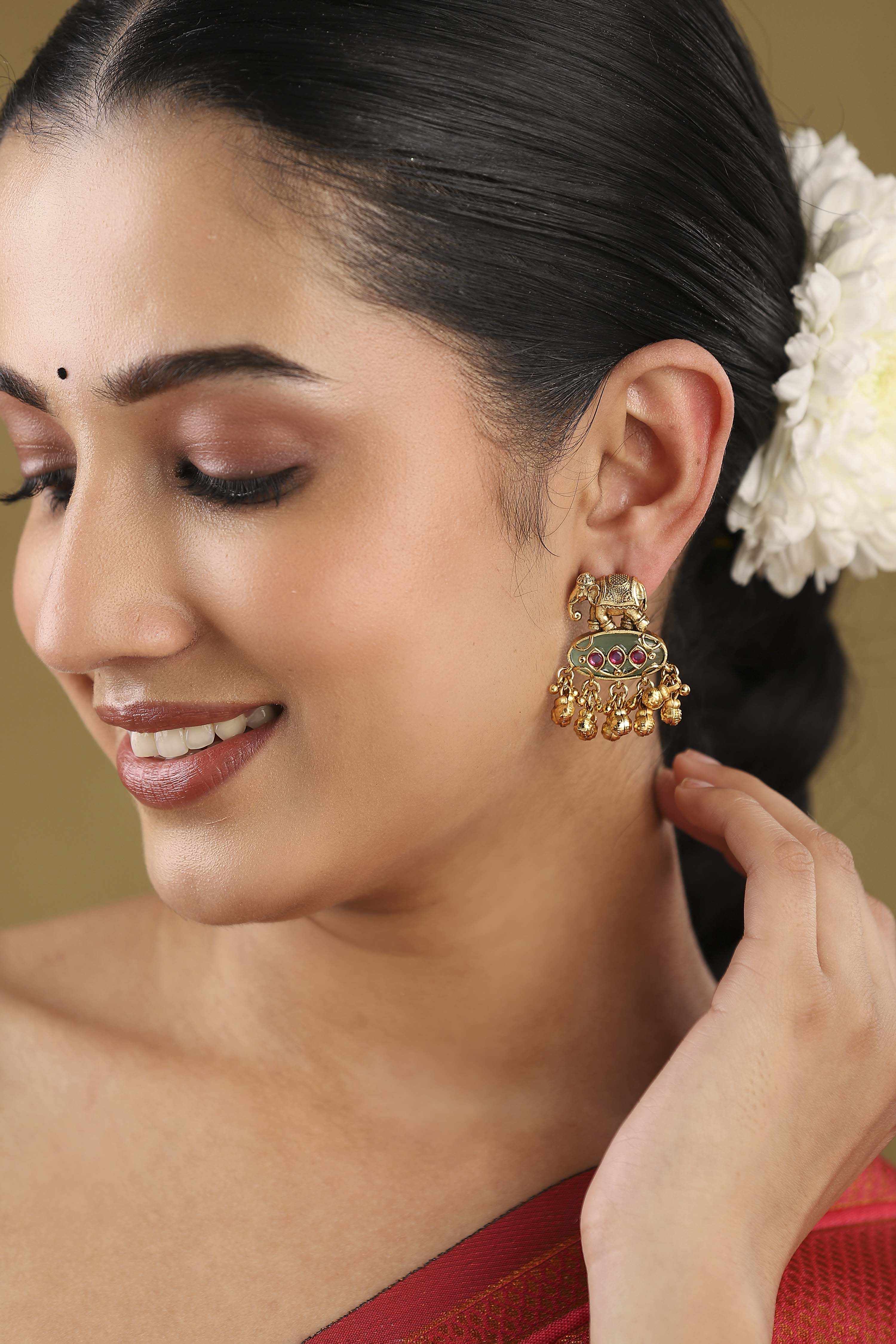 Green Gold Plated Brass Studded Drop Earrings image number 4