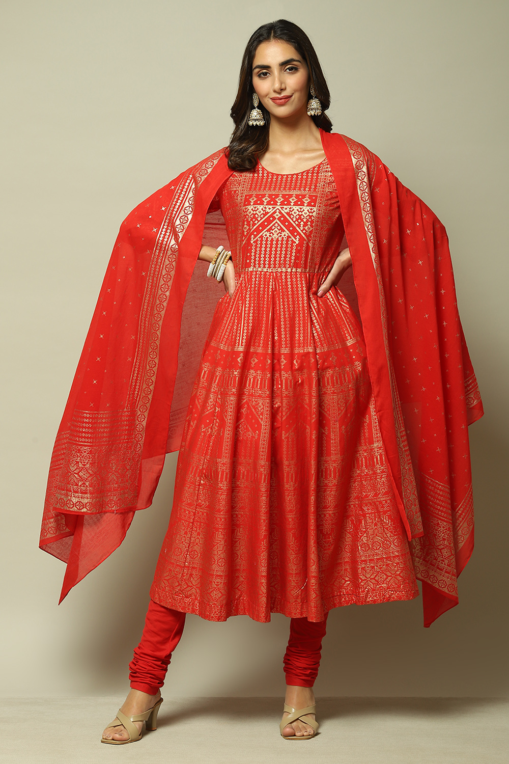 Red Cotton Anarkali Kurta Churidar Suit Set image number 0