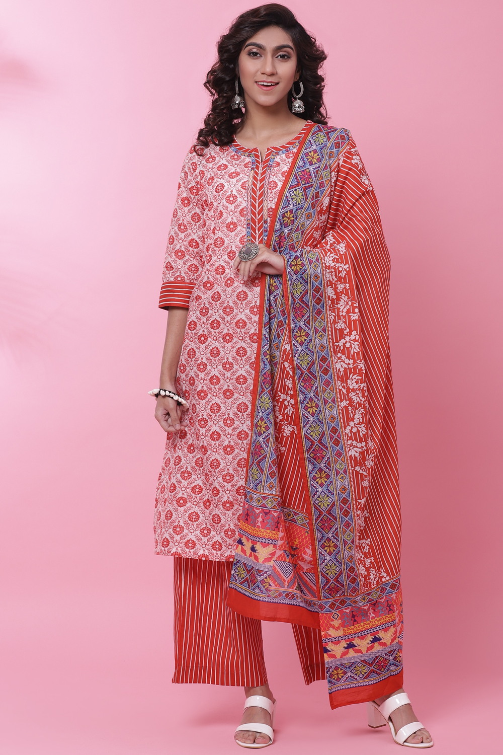 Red Cotton Straight Kurta Palazzo Suit Set image number 0