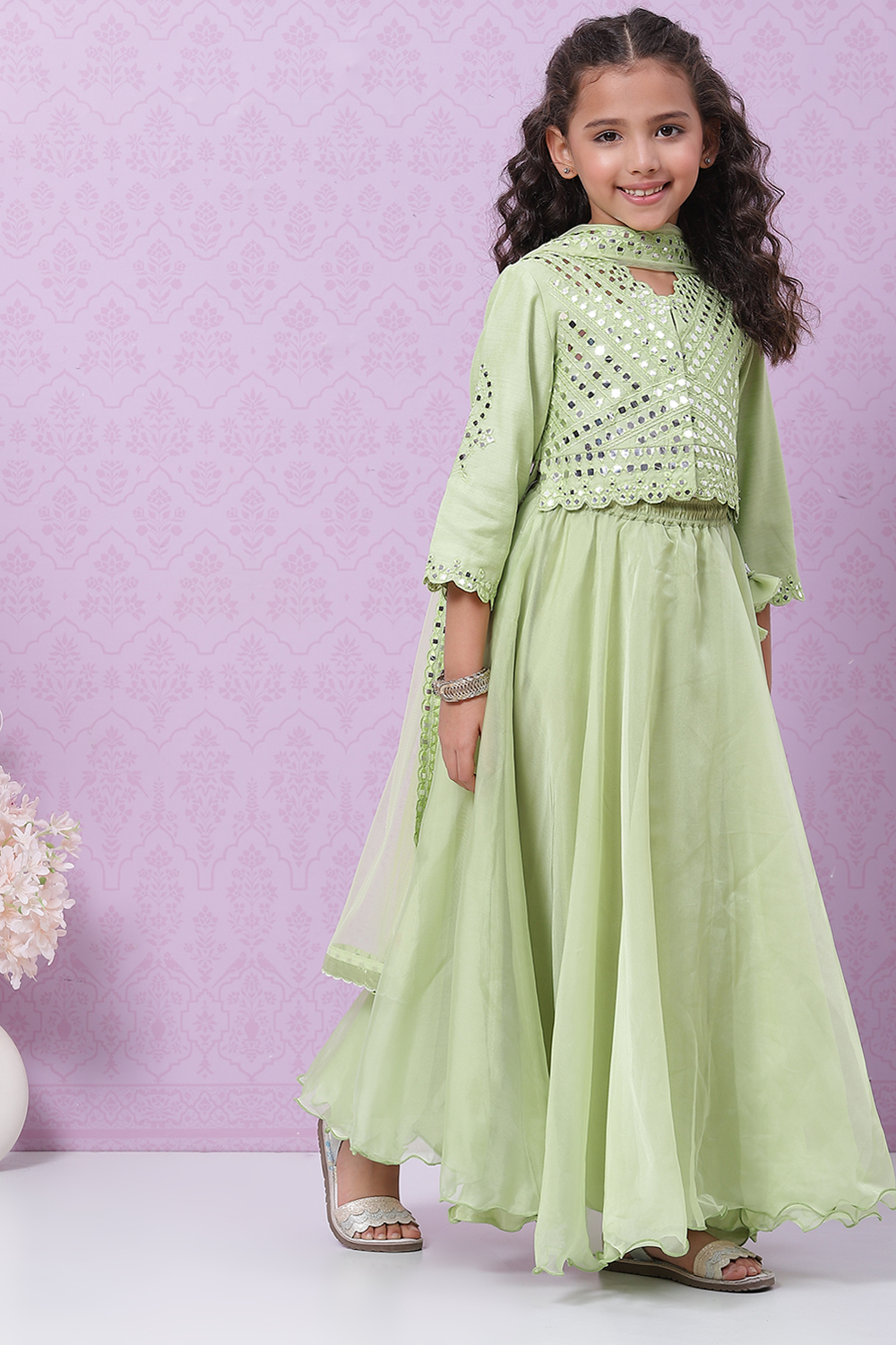 Lime Green Art Silk Lehenga Set image number 2