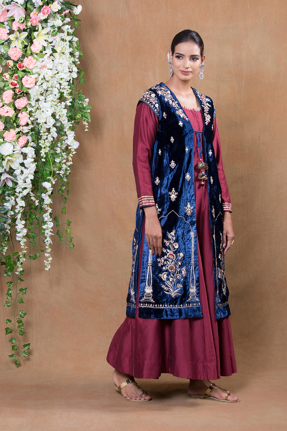 Velvet Jacket & Silk Kurta Set By Anju Modi image number 0