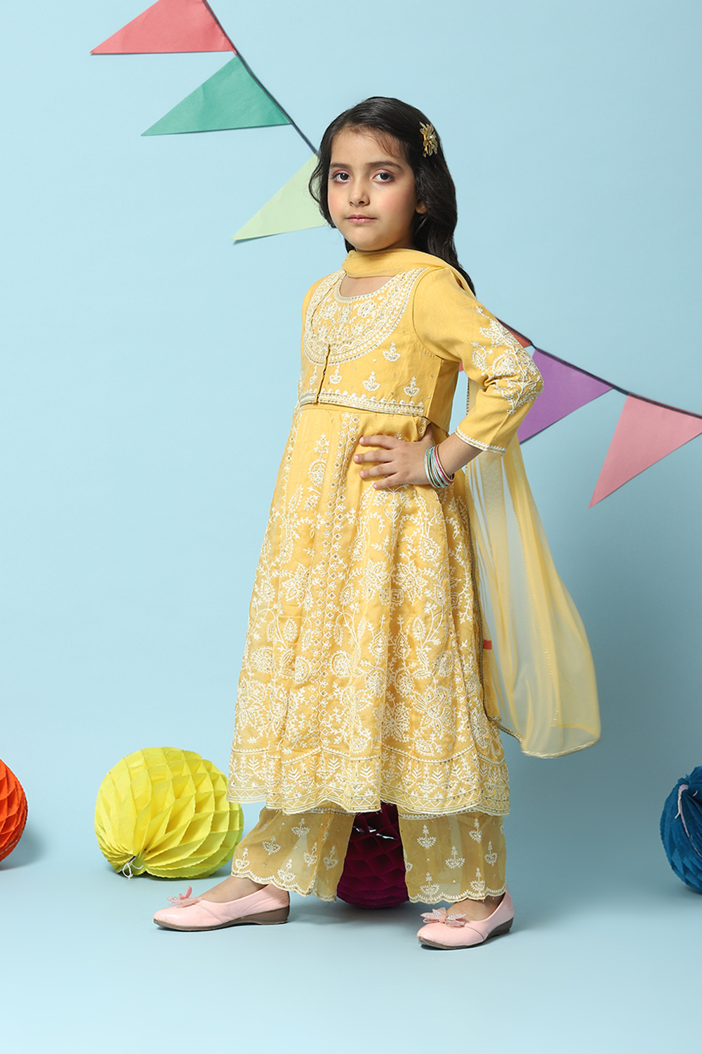 Yellow Cotton Blend Kalidar Kurta Straight Palazzo Suit Set image number 5