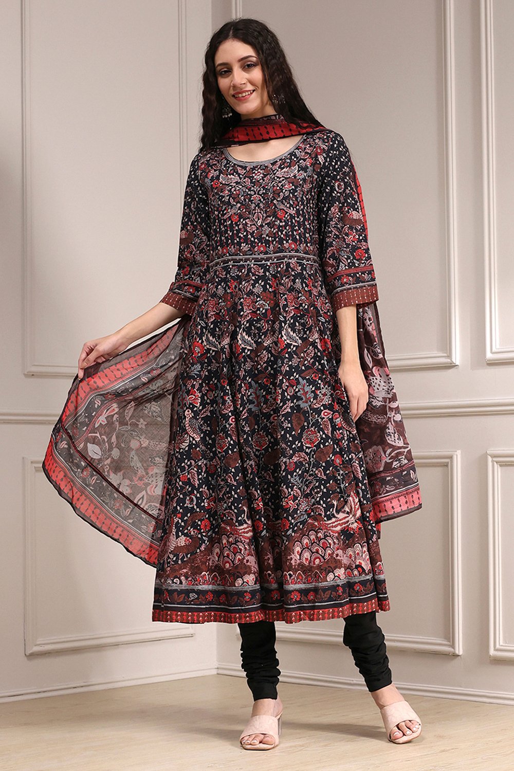 Black Cotton Fitted Anarkali Suit Set image number 6