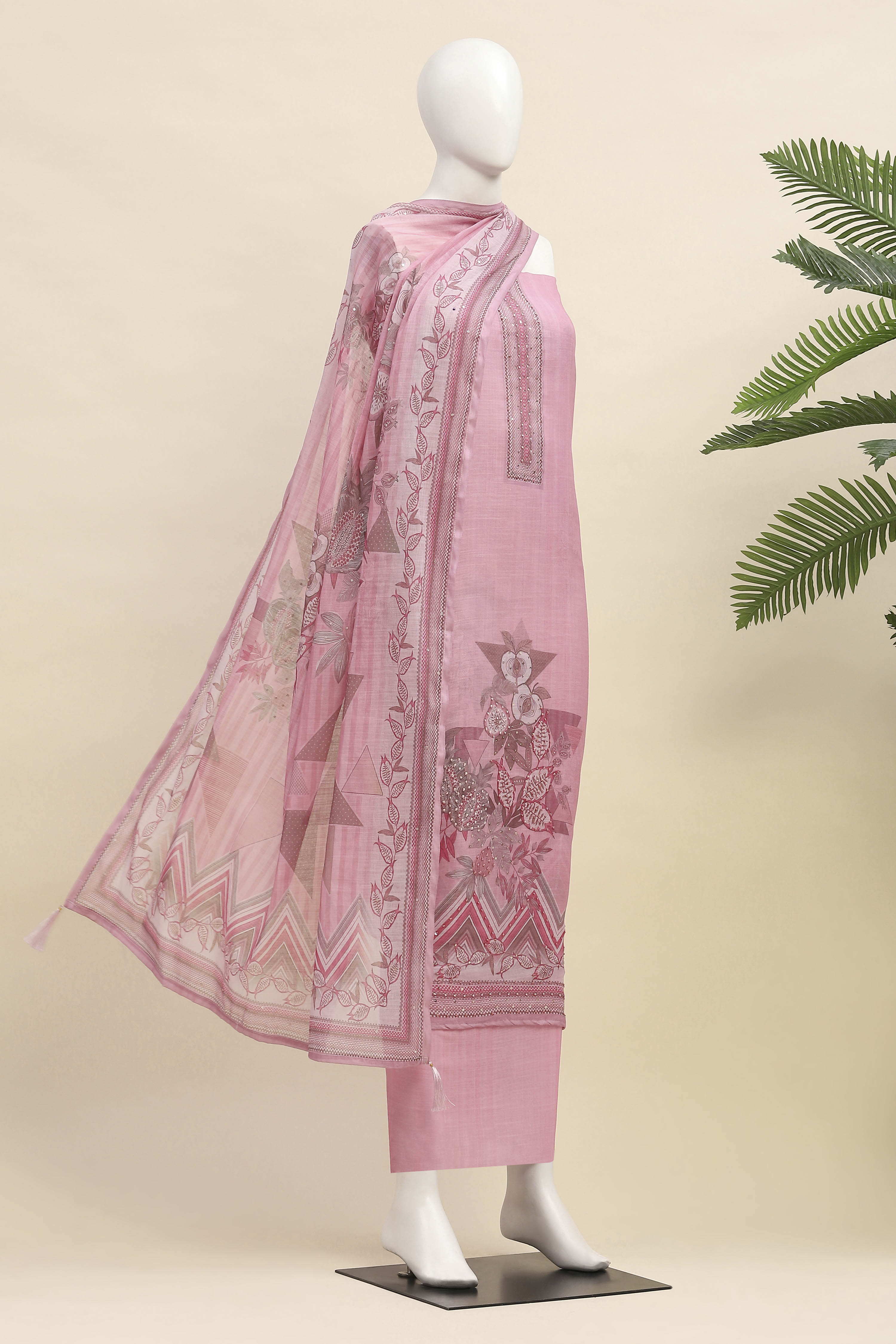 Fawn Linen Unstitched Suit Set image number 4
