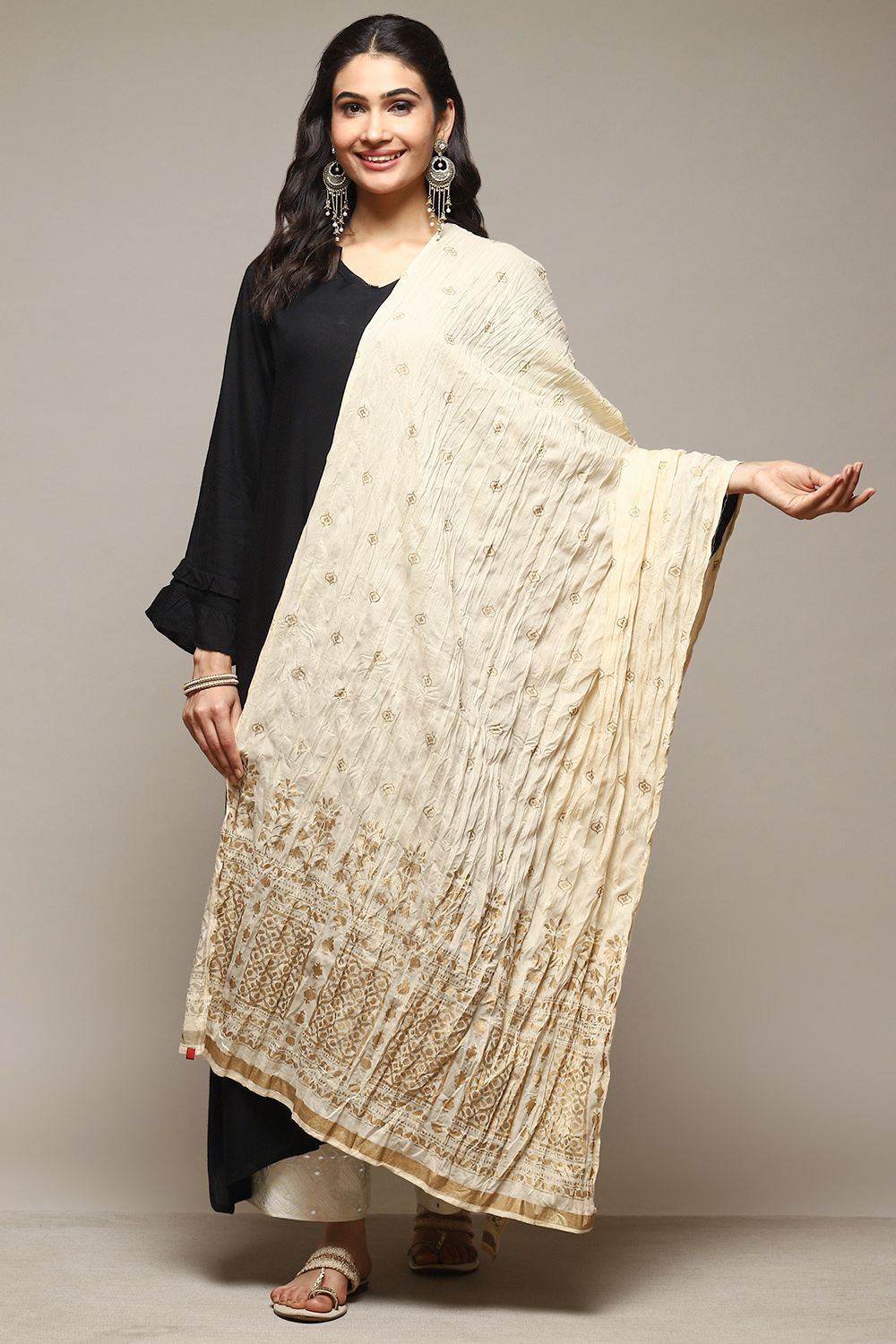 Beige Cotton Printed Dupatta image number 0