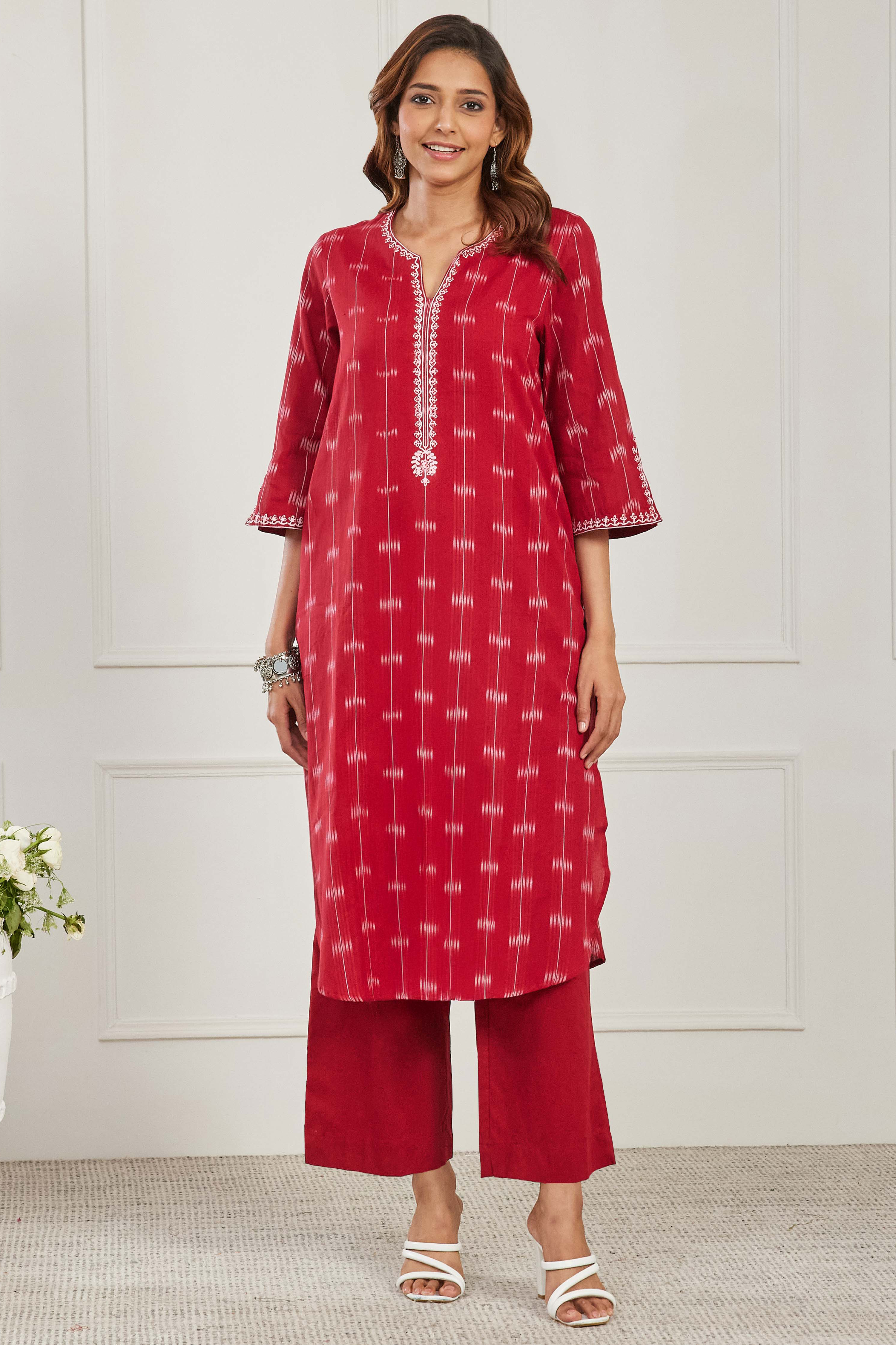 Red Cotton Printed Embroidered A-Line Kurta Set image number 6