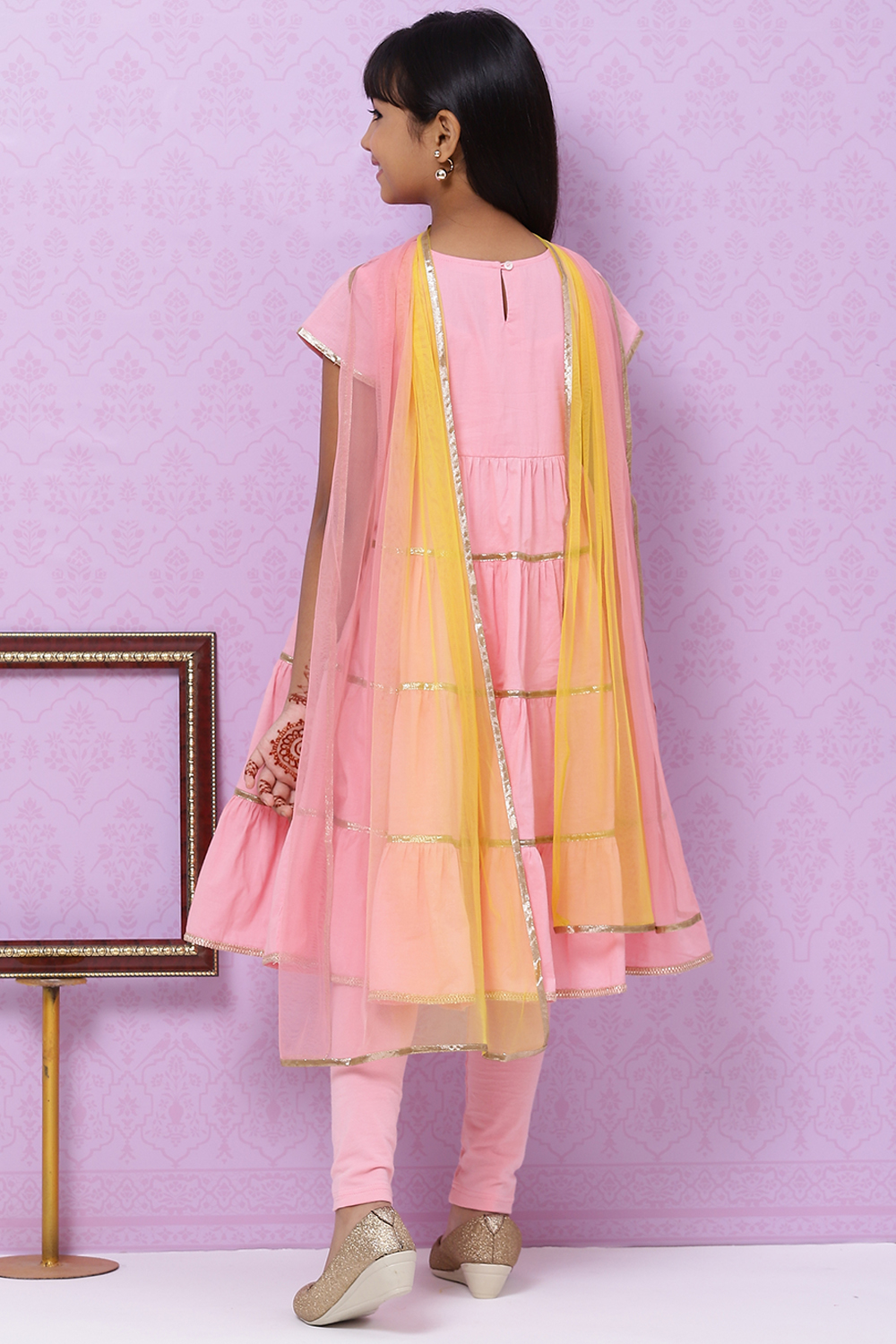 Onion Pink Cotton Girls Flared Kurta Churidar Suit Set image number 7