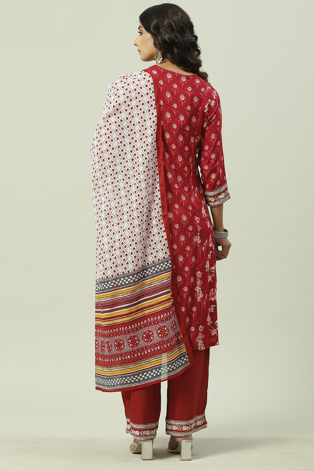 Red LIVA A-Line Kurta Palazzo Suit Set image number 4