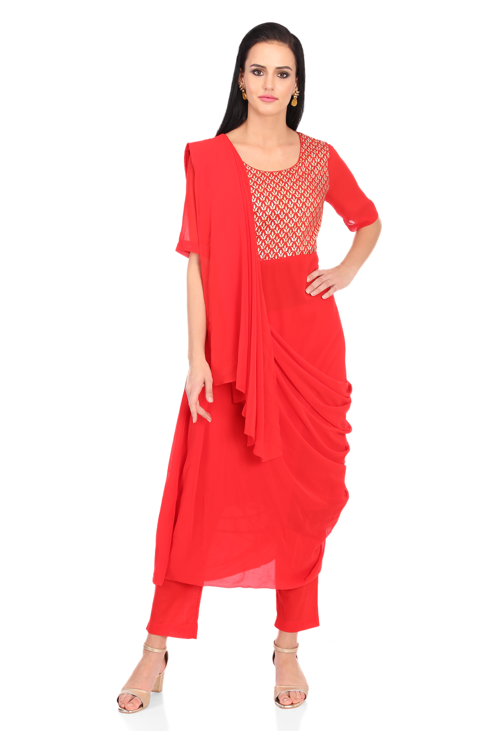 Red Art Silk Saree Kurta Slim Pant Suit Set image number 0