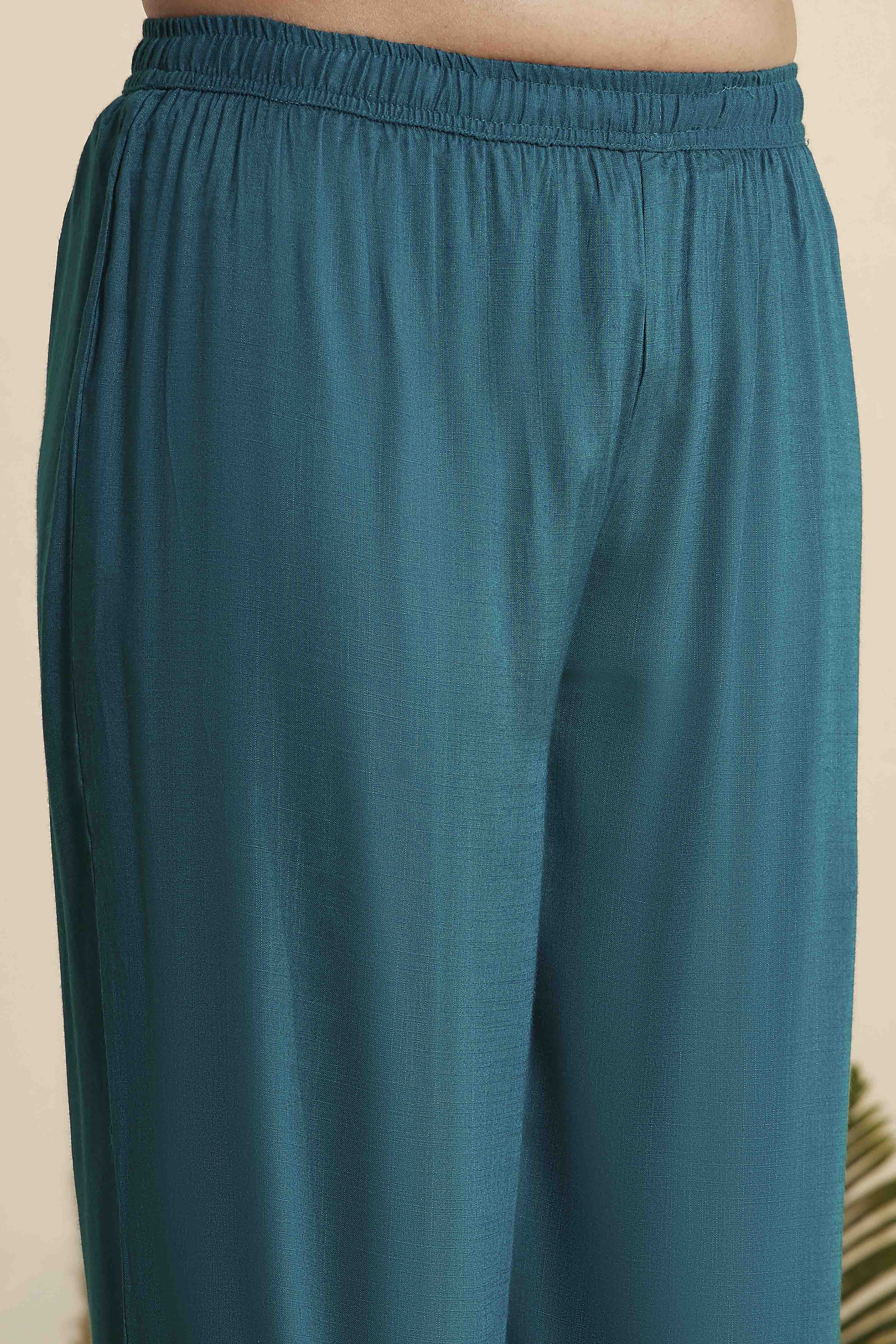 Teal Viscose Blend Embroidered Straight Kurta Set image number 2