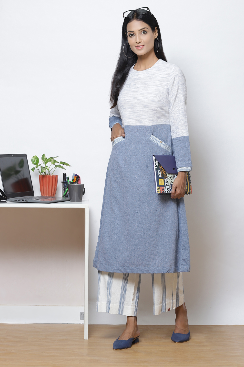 White And Blue Straight Cotton Fusion Wear image number 0