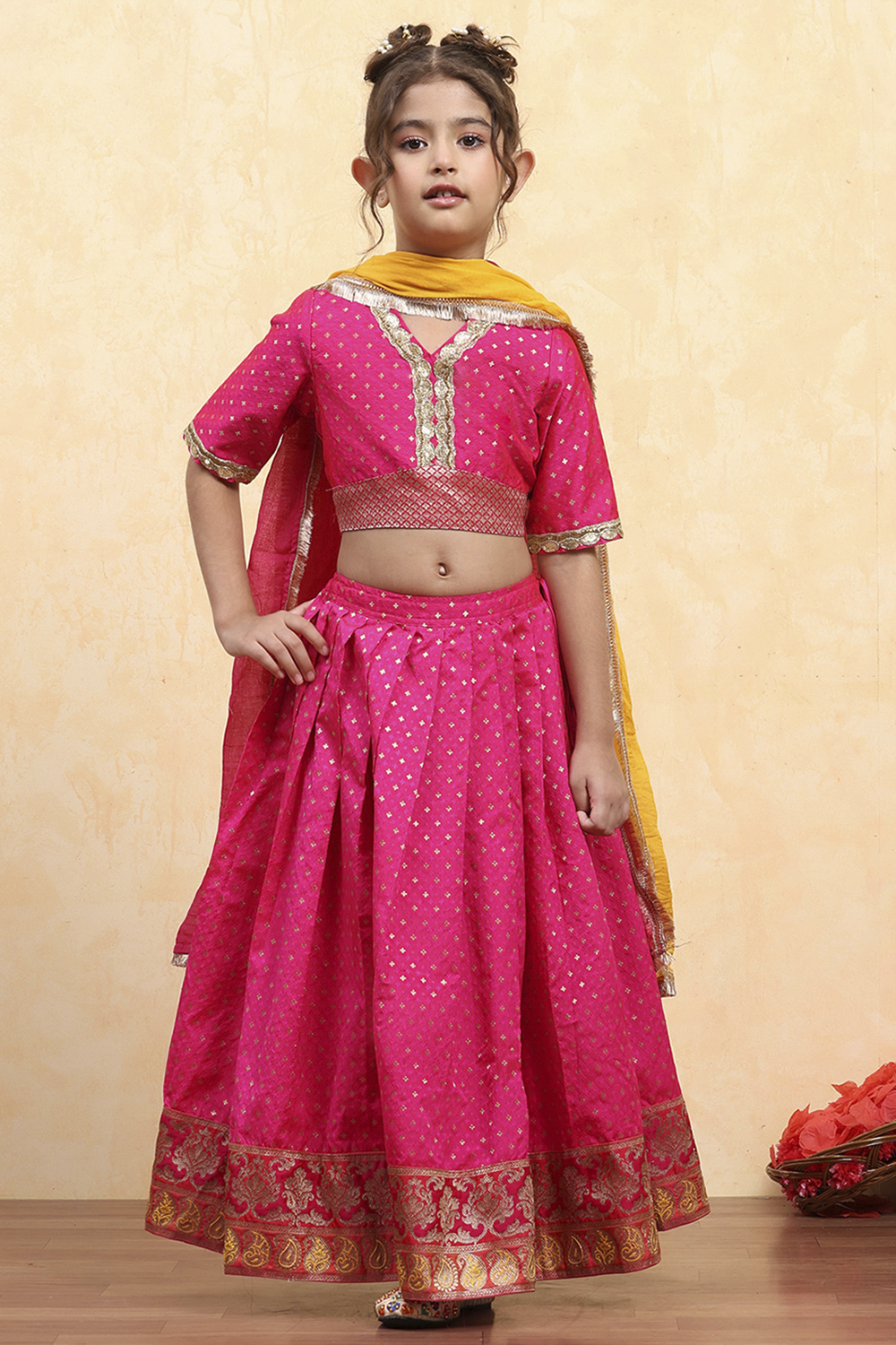 Pink Polyester Yarndyed Fitted Lehenga Set image number 6