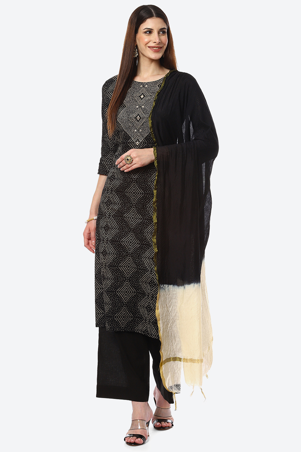 Black Cotton Unstitched Suit Set image number 6