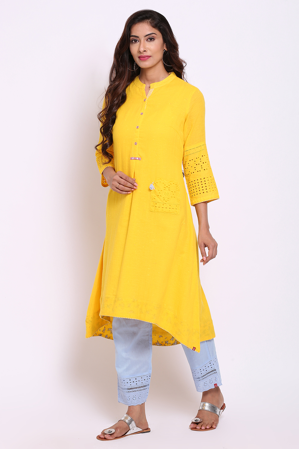 Yellow Cotton A-Line Kurta image number 2