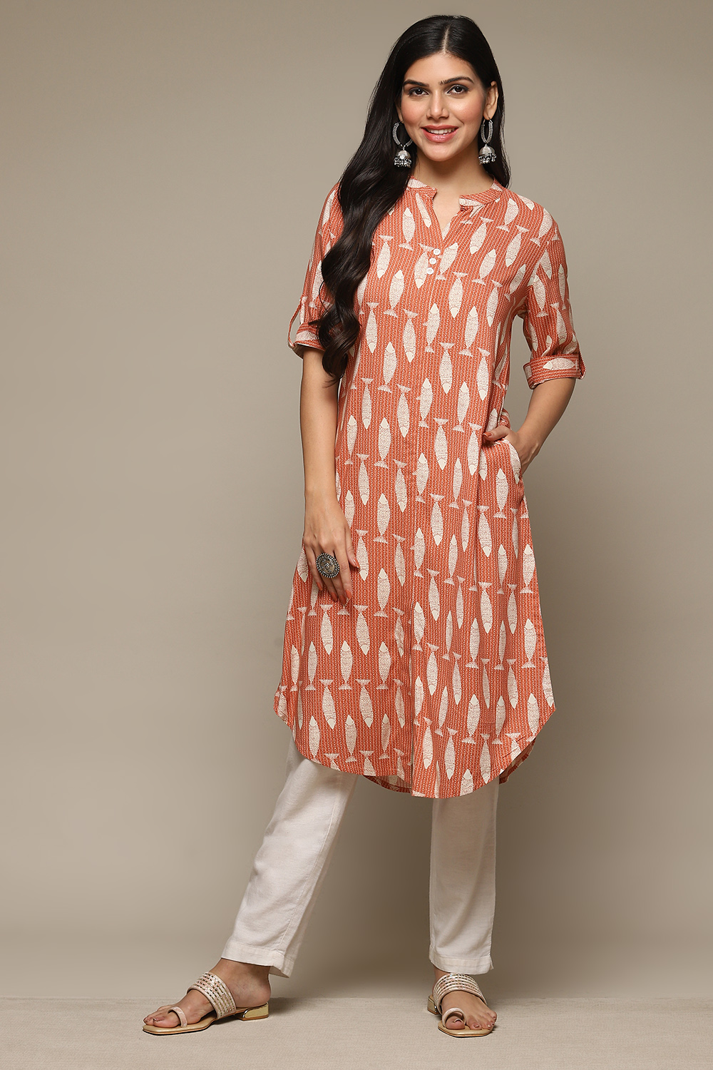 Orange Rayon Straight Printed Kurta image number 5