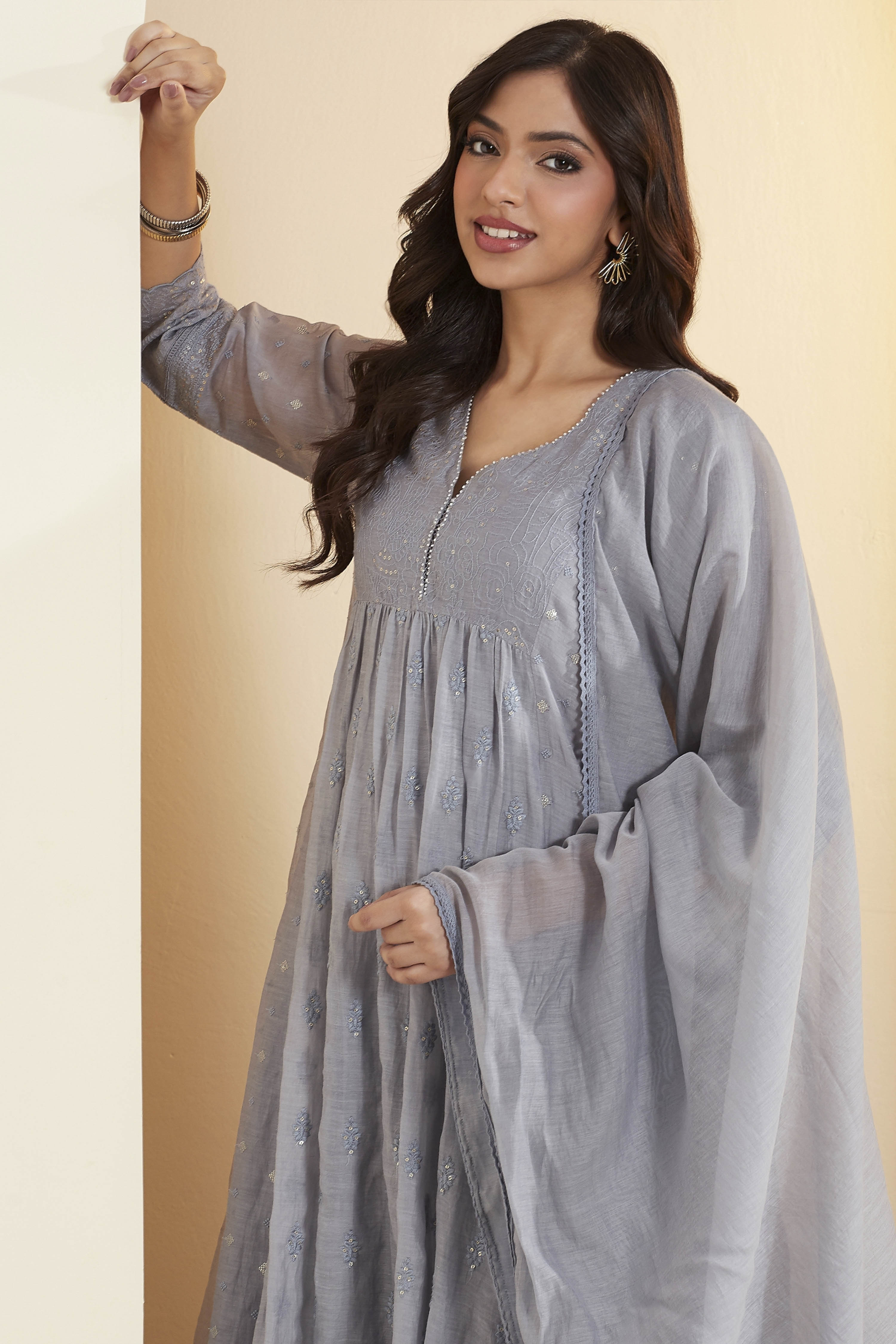 Powder Blue Cotton Silk Kalidar Suit Set image number 1
