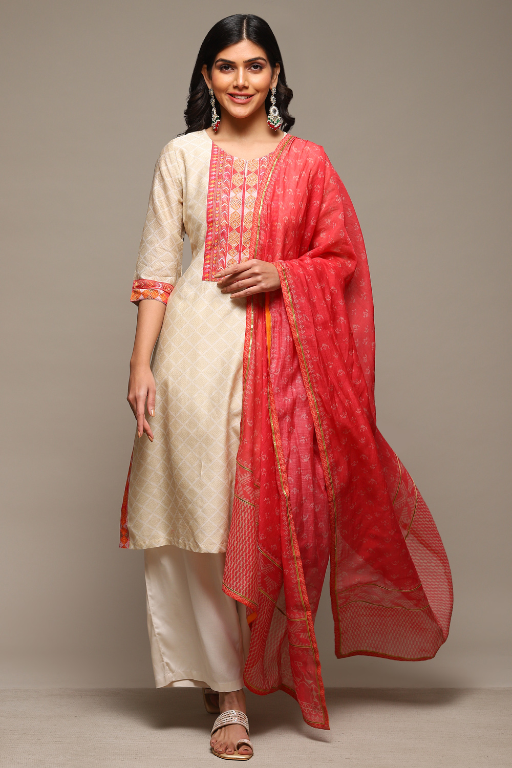 Orange Cotton Blend Straight Kurta Palazzo Suit Set image number 0